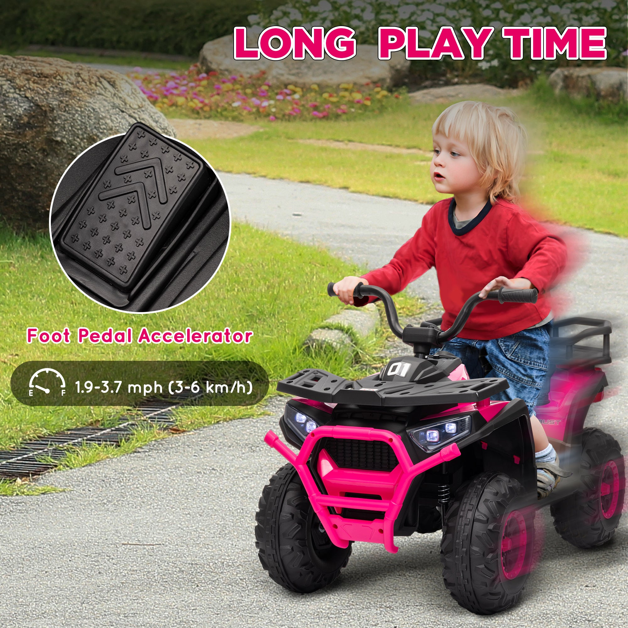 AIYAPLAY 12V Kids Electric Ride on ATV, Battery Powered Quad Bike w/ Spring Suspension, Forward Backward, Storage Basket - Pink - North Peak Garden Furniture