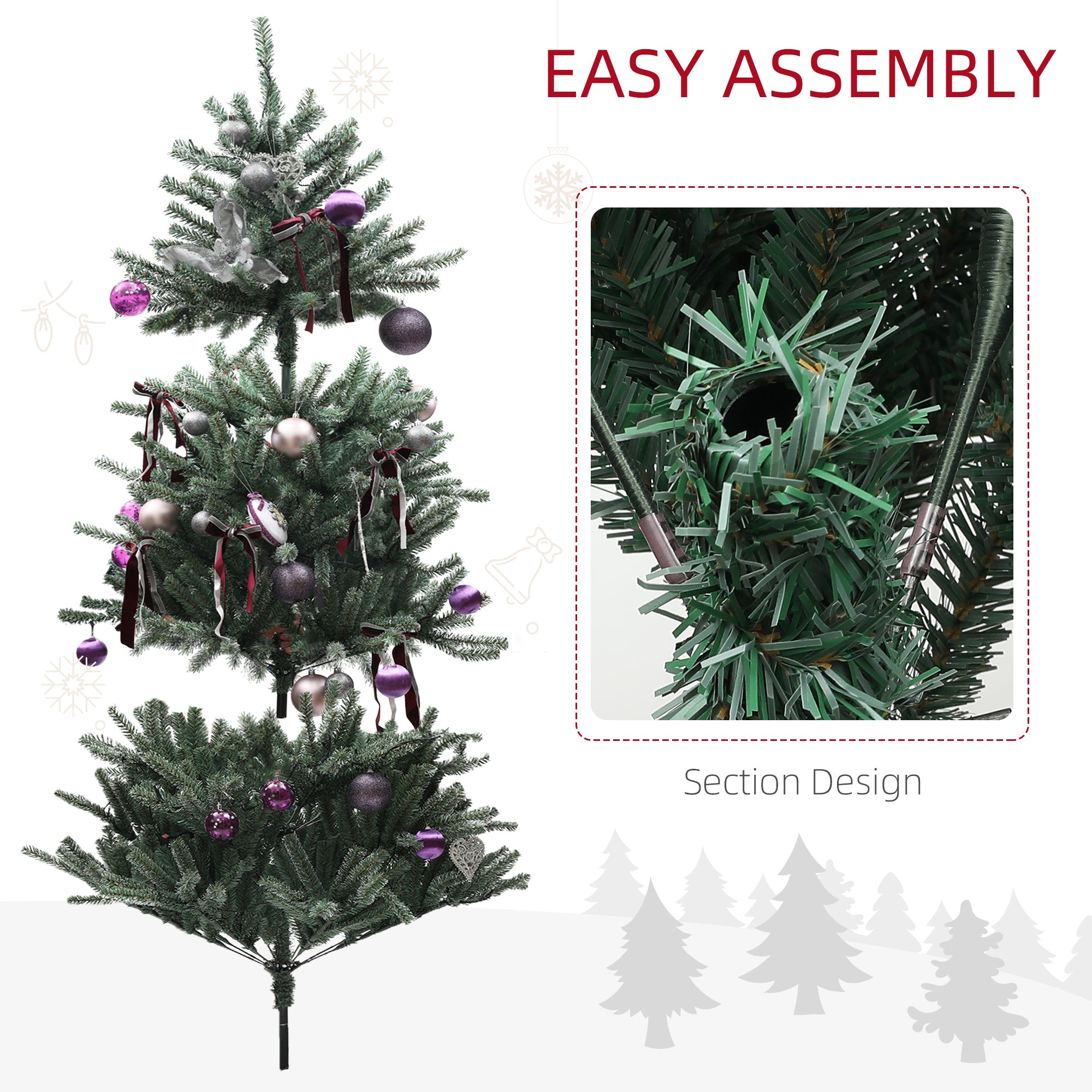 HOMCOM 6ft Artificial Christmas Tree, with Purple Decorations and Lights - North Peak Garden Furniture