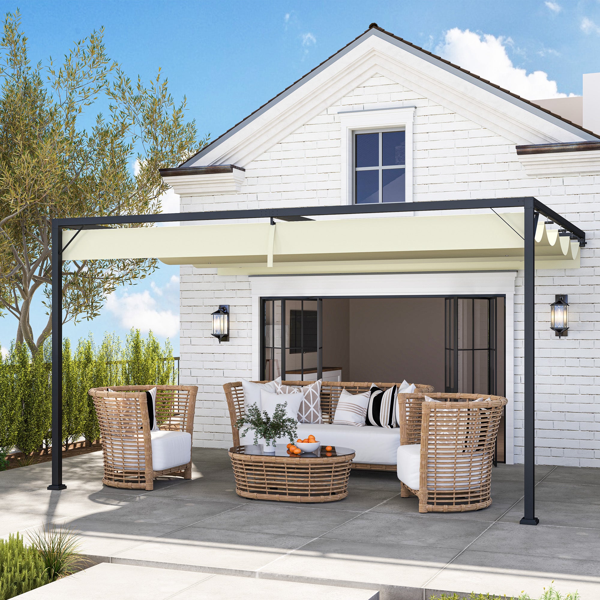Outsunny 4 x 3(m) Outdoor Pergola Retractable Canopy Wall Mounted Gazebo Patio Shelter Sun Shade, Cream White - North Peak Garden Furniture