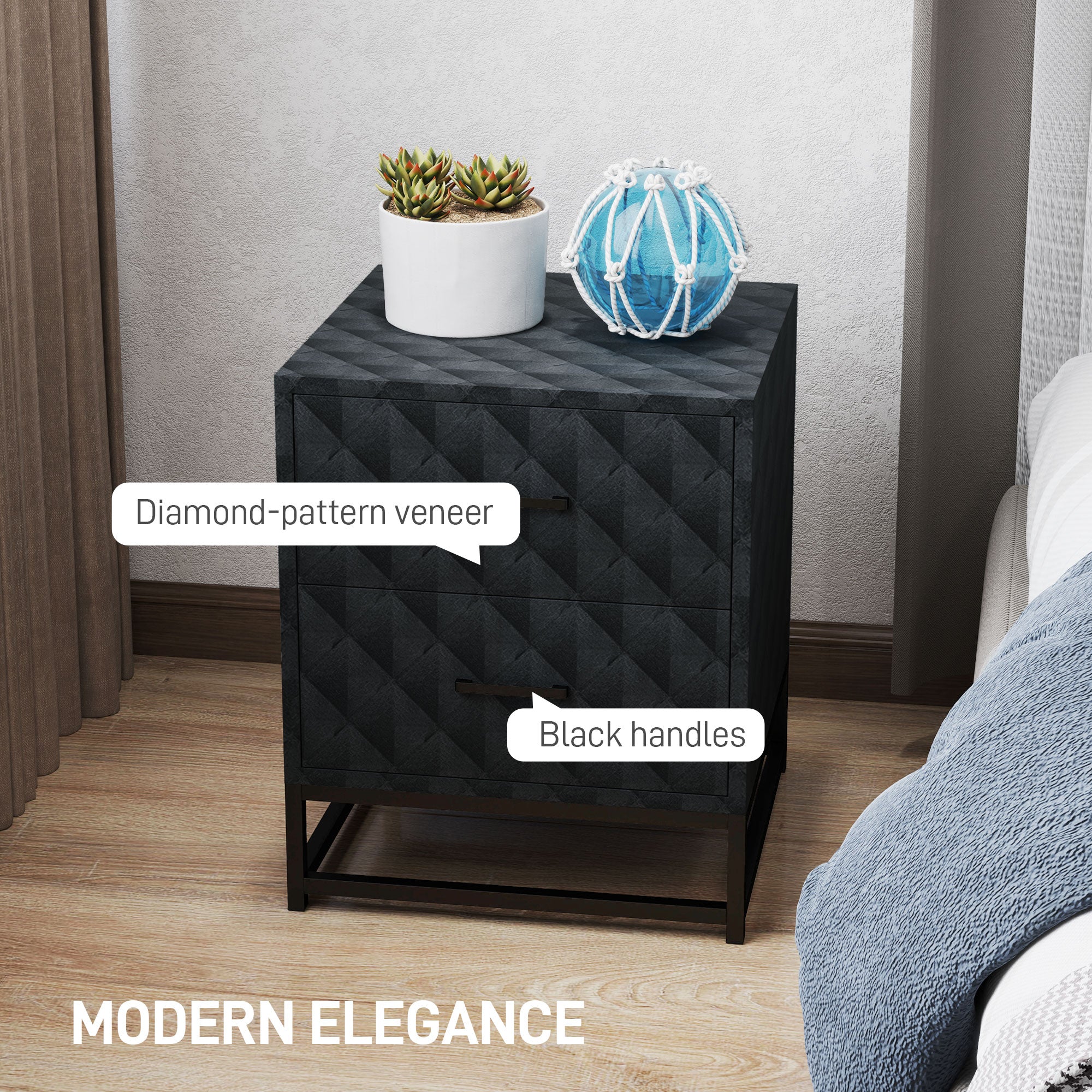 HOMCOM Bedside Tables Set of 2, Modern Bedside Table Nightstand with 2 Drawers, Bedside Cabinet Sofa Side Table with Storage, Steel Legs for Bedroom, Living Room, Black - North Peak Garden Furniture