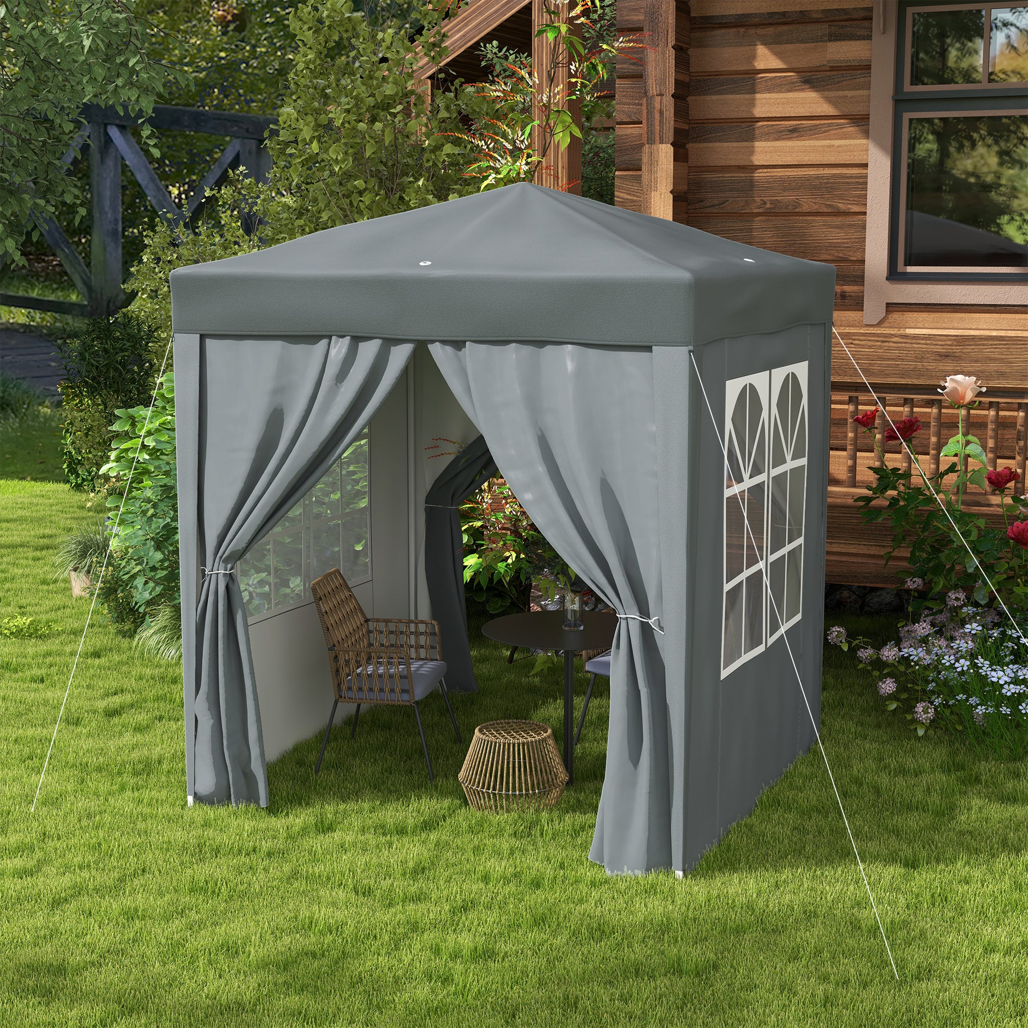Outsunny Garden Pop Up Gazebo Marquee Party Tent Canopy with free Carrying Case, Removable 2 Walls, 2 Windows, 2m x 2m, Grey - North Peak Garden Furniture