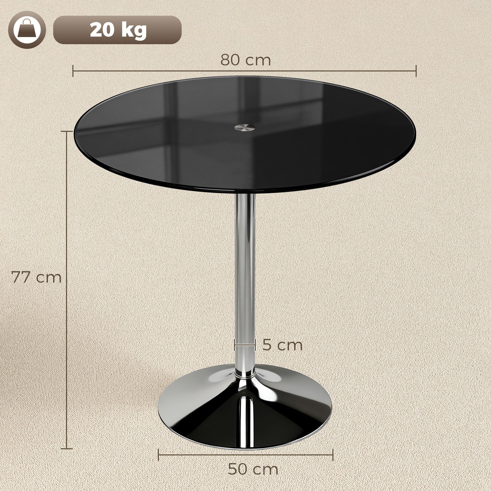 HOMCOM Round Bar Table, Modern Dining Table with Tempered Glass Top and Steel Frame for 4, 80 x 80 x 77cm, Black
