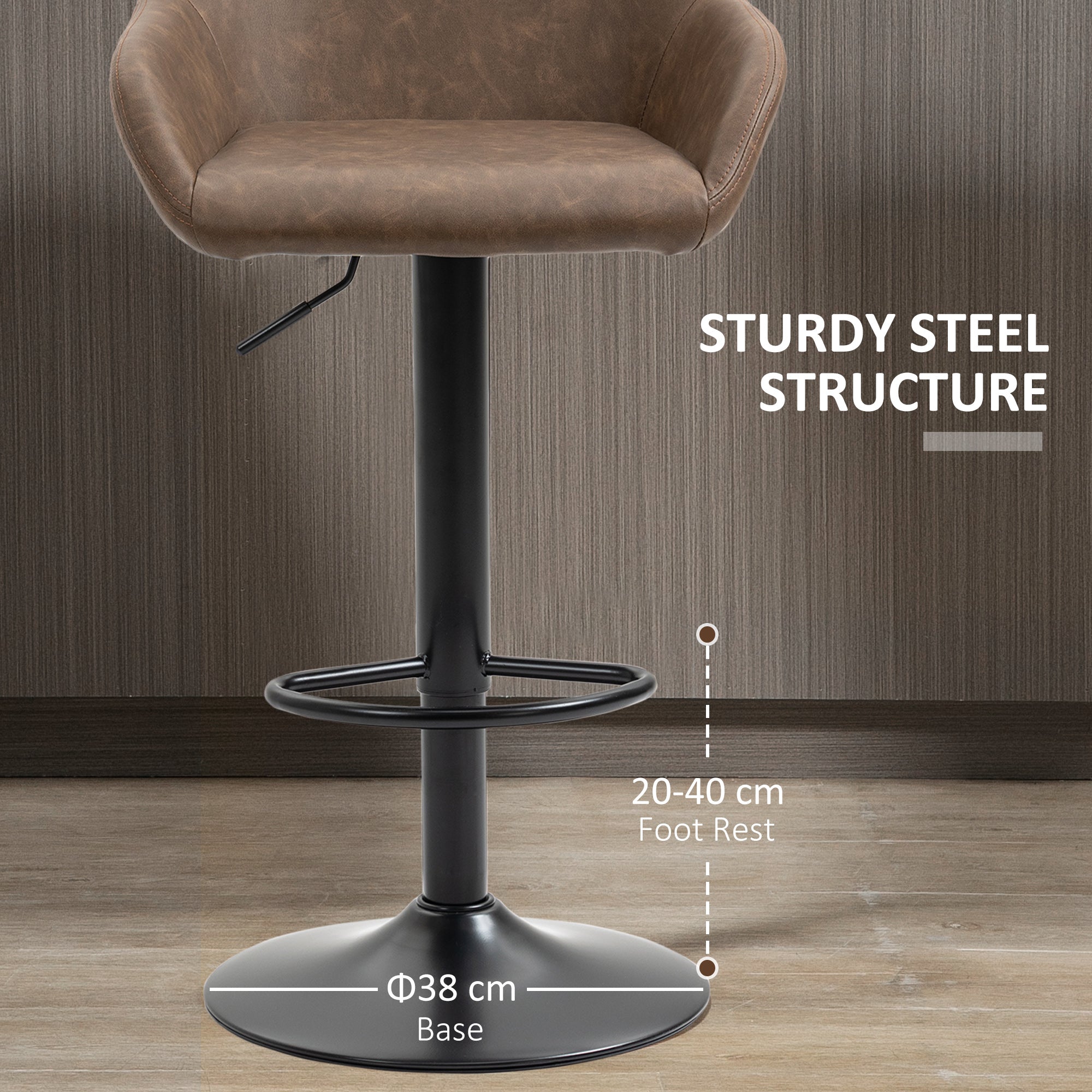 HOMCOM Adjustable Bar Stools Set of 2, Swivel Barstools with Footrest and Backrest, PU Leather and Steel Base, for Kitchen Counter and Dining Room, Dark Brown - North Peak Garden Furniture