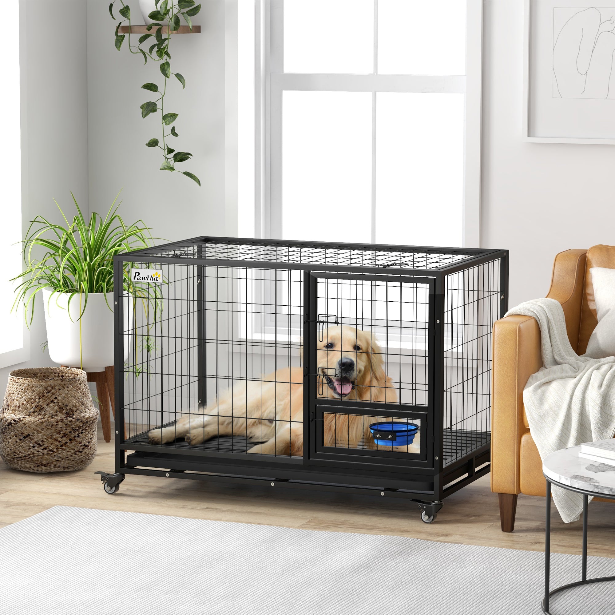 PawHut Heavy Duty Dog Crate on Wheels w/ Bowl Holder, Removable Tray, Openable Top, Detachable Door, for L, XL Dogs - North Peak Garden Furniture