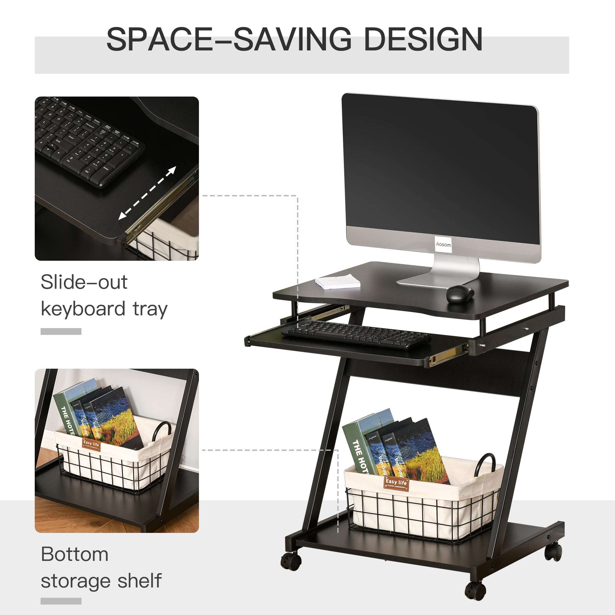 HOMCOM Movable Computer Desk with 4 Moving Wheels Sliding Keyboard Tray Home Office Workstation Black - North Peak Garden Furniture
