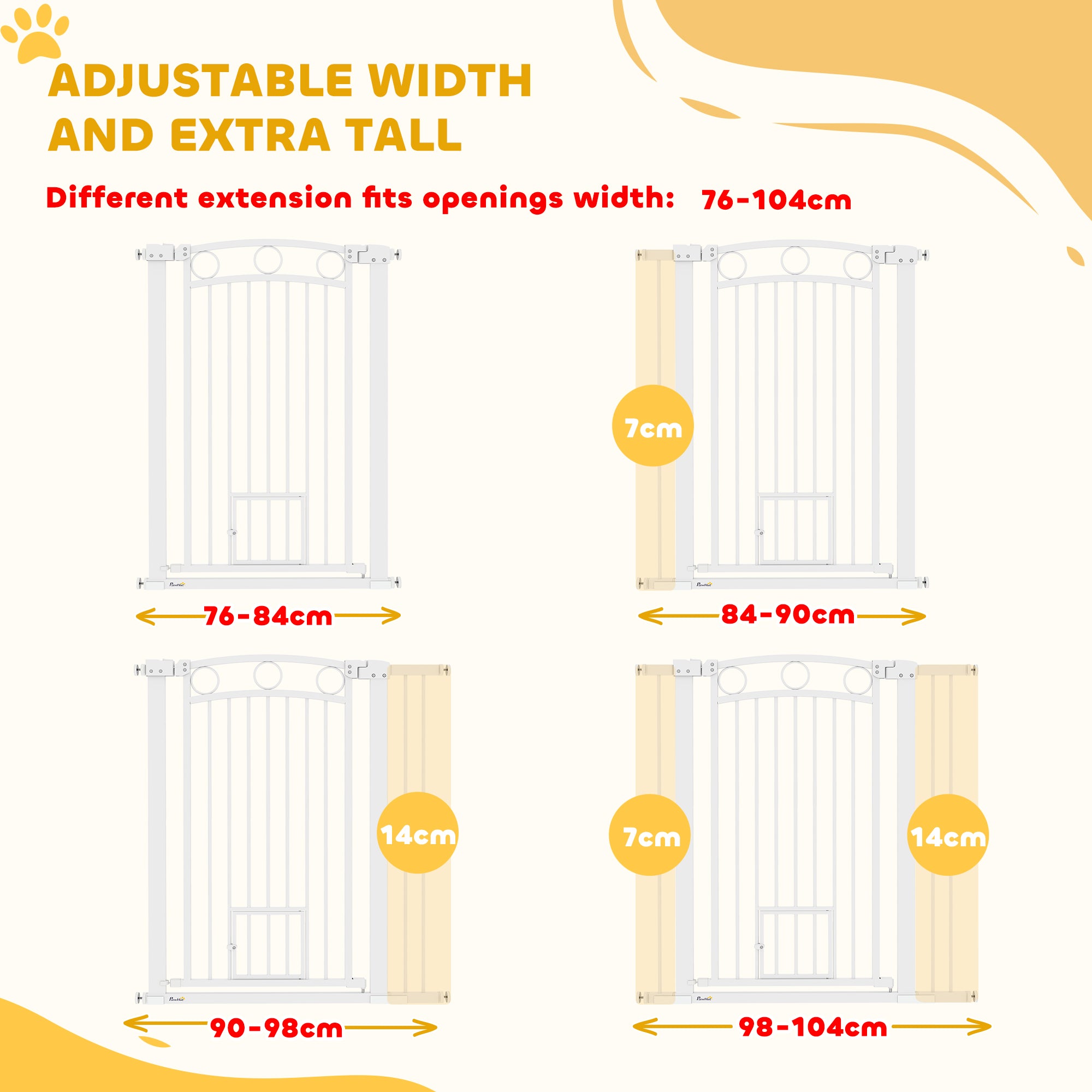 PawHut 106cm Tall Dog Gate with Cat Door, 7cm and 14cm Extensions, for Stairs, Doorways, 76-104cm Width - North Peak Garden Furniture