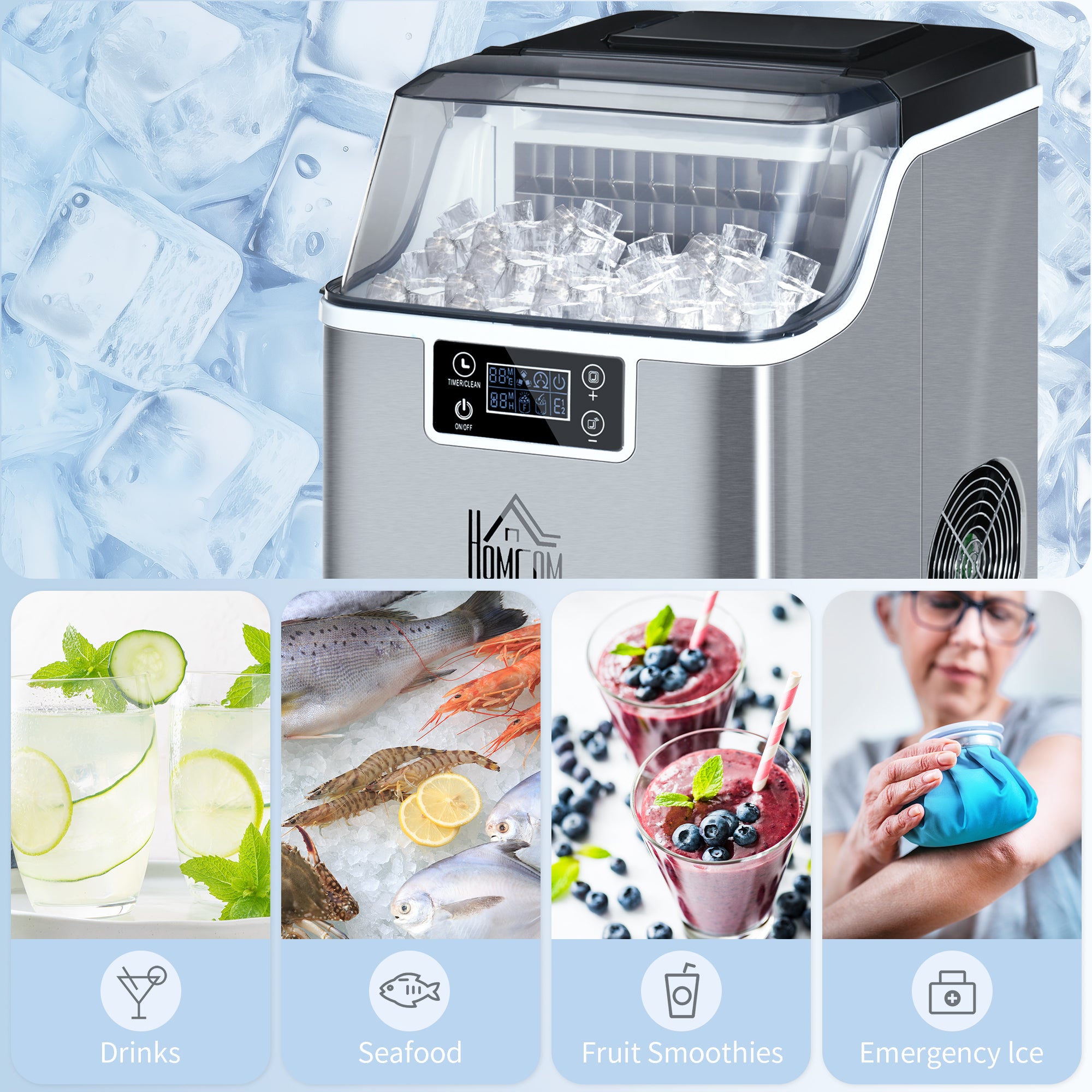 HOMCOM 3.2L Compact Ice Machine, with LCD Screen and Accessories - Silver-Tone - North Peak Garden Furniture