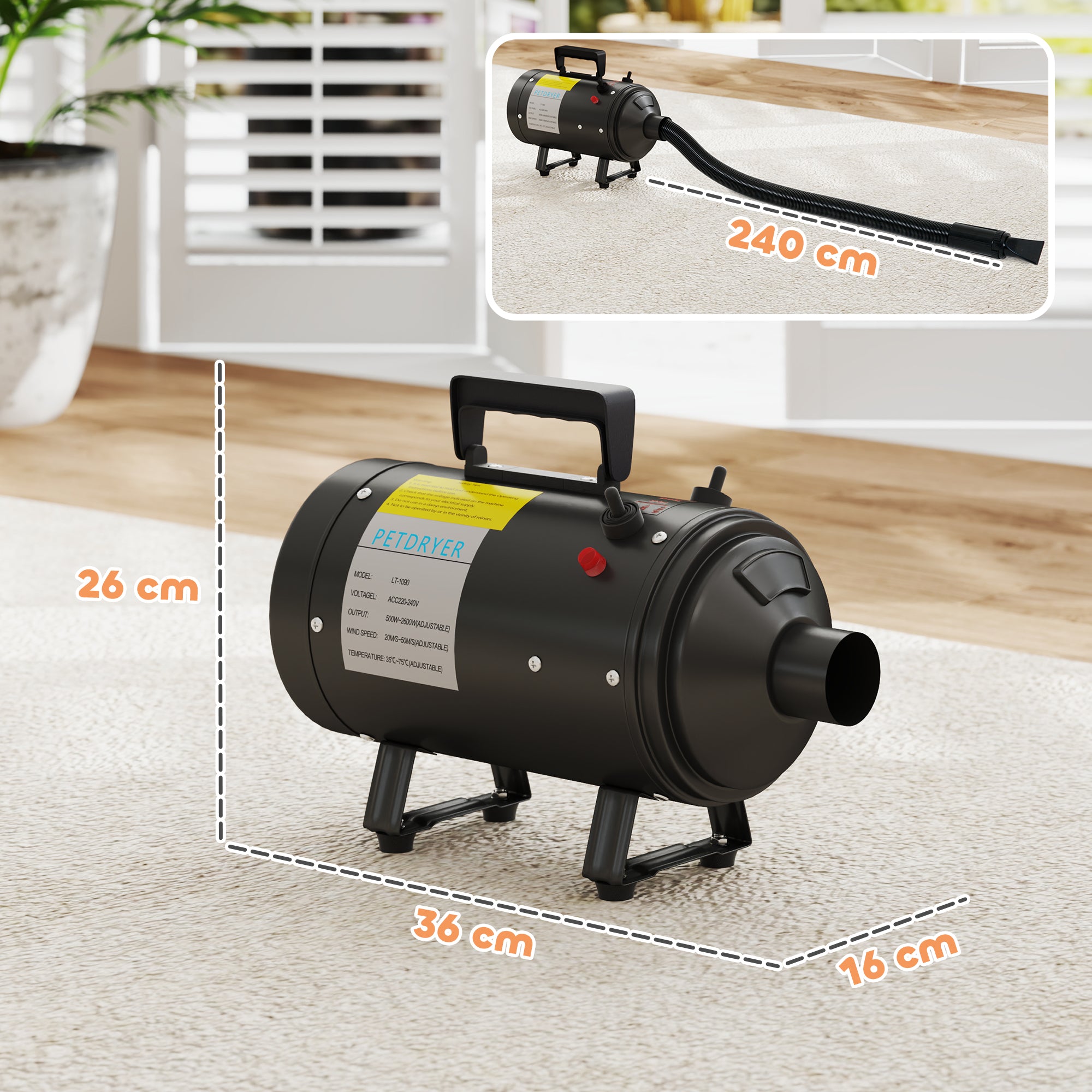 PawHut 2200W Dog Hair Dryer with Adjustable Temperature & Velocity, 3 Different Nozzles, Black - North Peak Garden Furniture