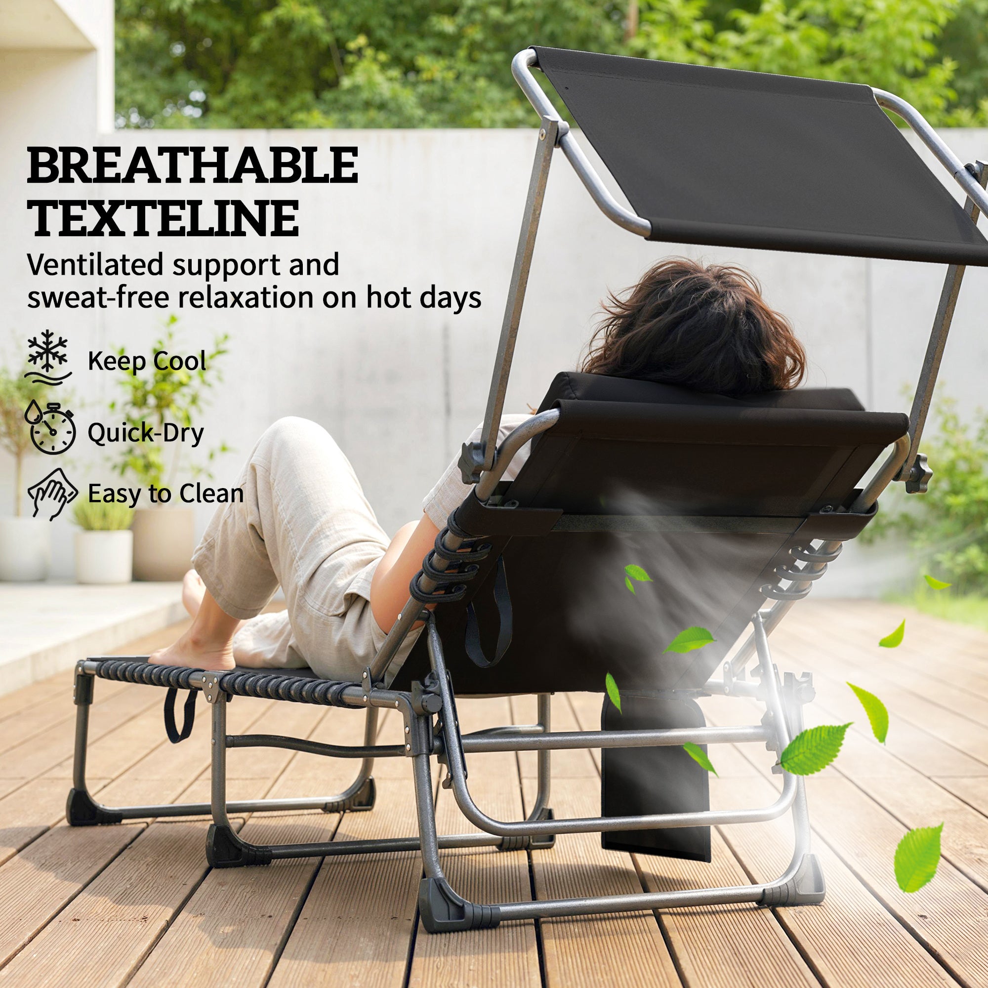 Outsunny Folding Sun Loungers Set of 2 with Canopy, Reclining Sunbed with Cushion, Side Pocket, Carrying Handle, Light Grey