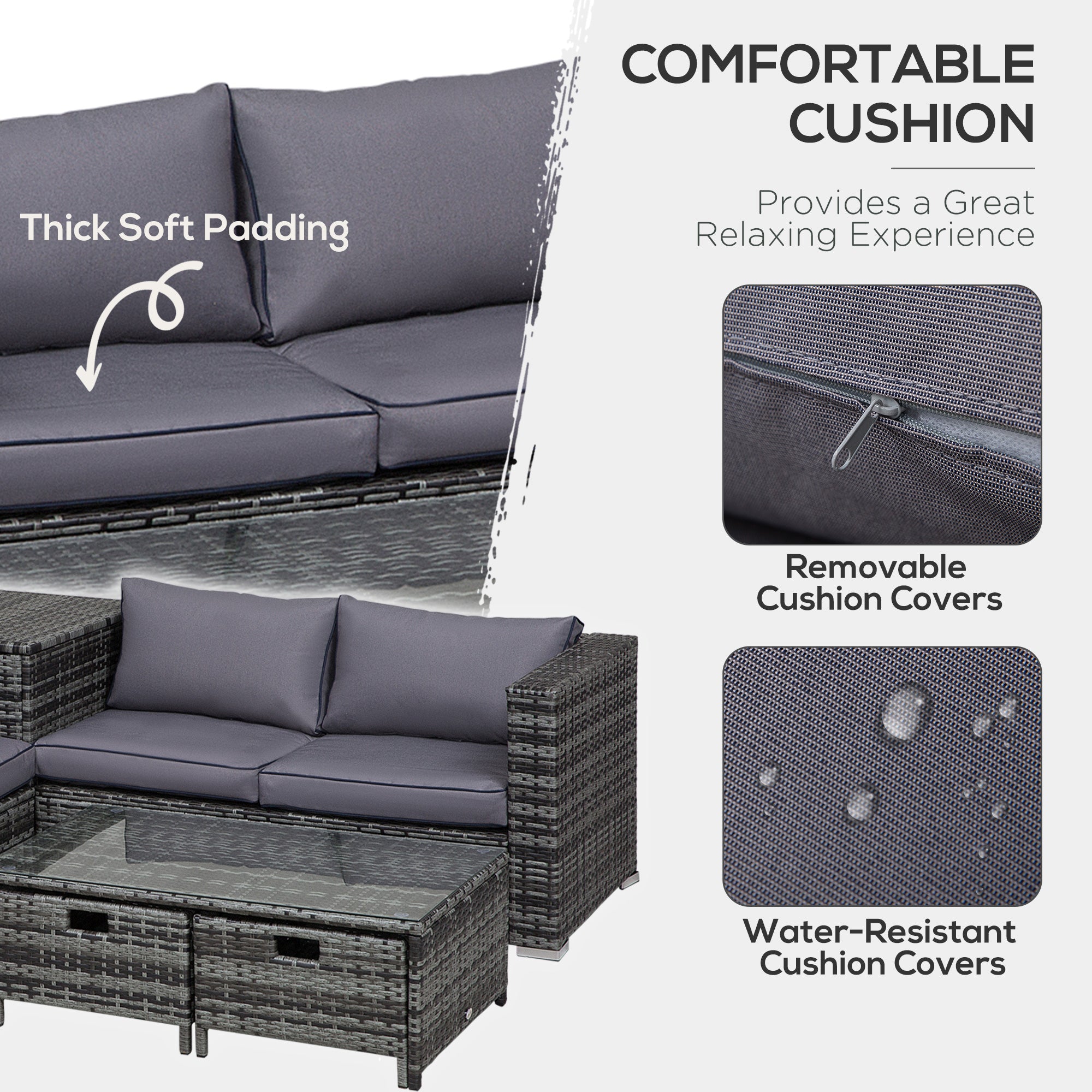 Outsunny 4 Pcs Rattan Wicker Garden Furniture Patio Sofa Storage & Table Set w/ 2 Drawers Coffee Table,Great Cushioned 4 Seats Corner Sofa - Grey - North Peak Garden Furniture