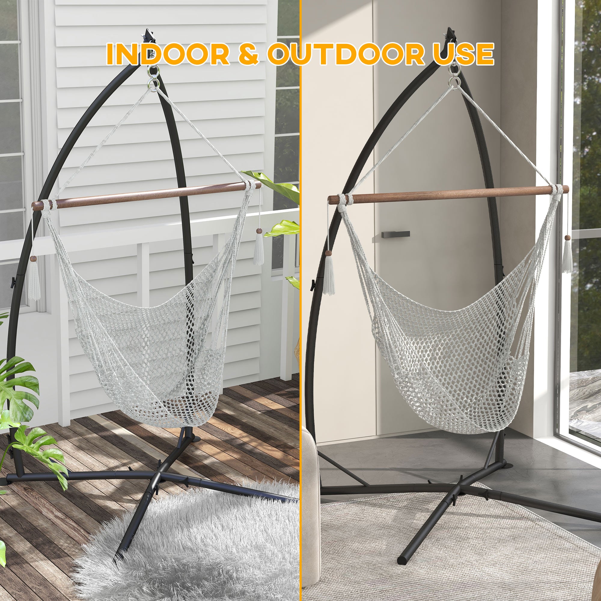 Outsunny Hammock Chair Stand, Hanging Heavy Duty Metal Frame Hammock Stand with Chain, for Hanging Hammock Air Porch Swing Chair, Egg Cahir, Indoor & Outdoor Use, Black - North Peak Garden Furniture