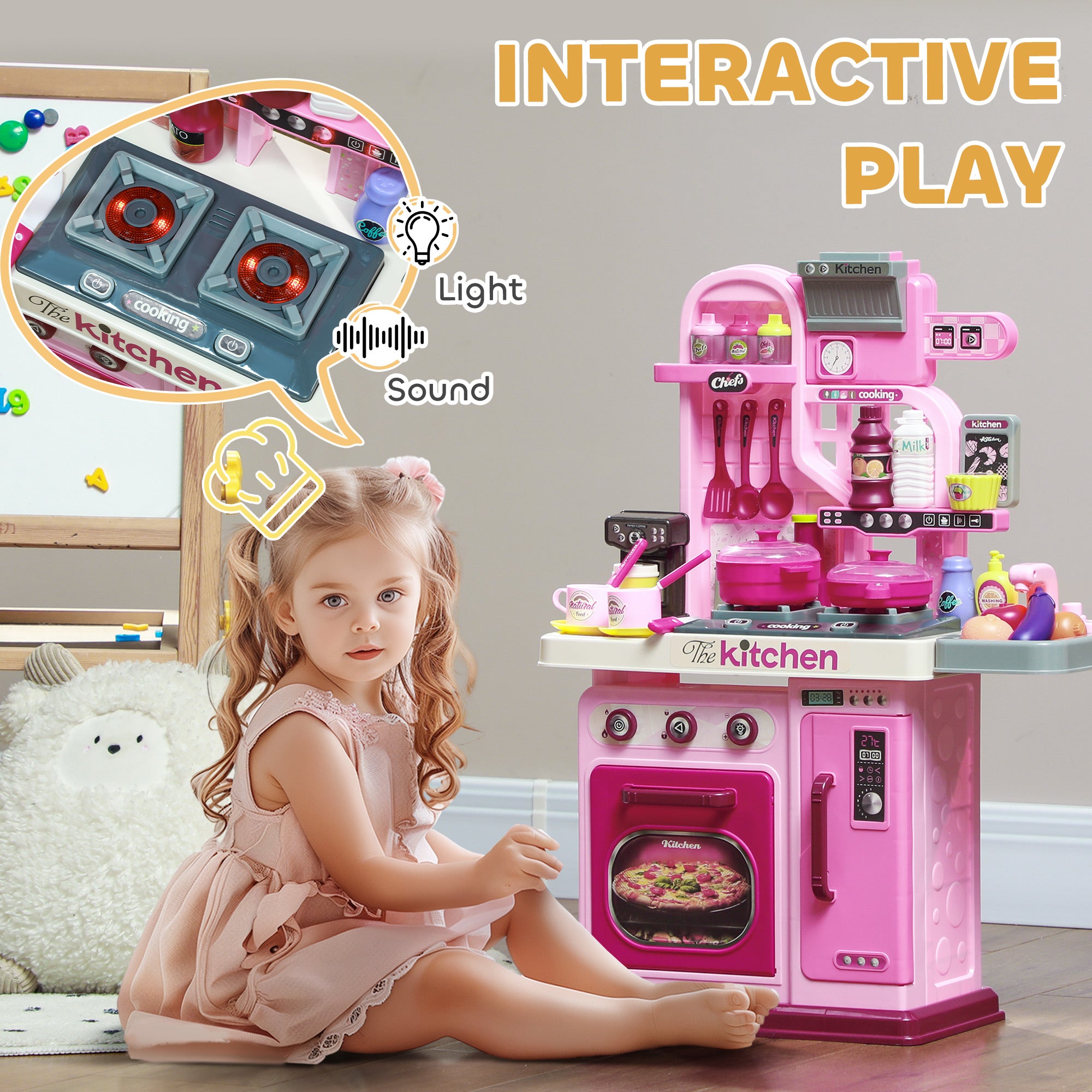 AIYAPLAY Kids Kitchen with 33 Pieces, Lights, Sounds, Storage, for Ages 3-6 Years, Pink - North Peak Garden Furniture