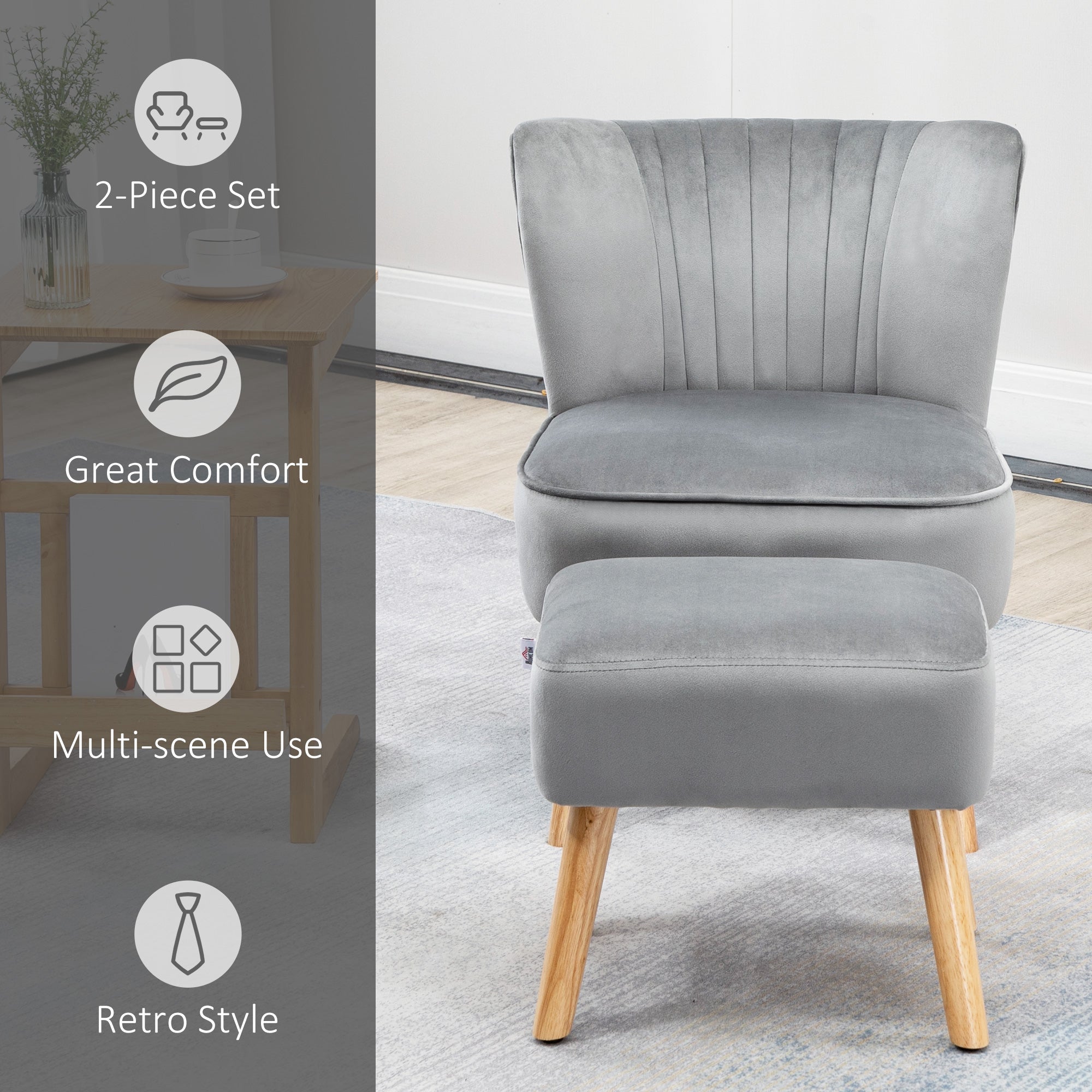 HOMCOM Velvet Accent Chair Occasional Tub Seat Padding Curved Back with Ottoman Wood Frame Legs Home Furniture Light Grey - North Peak Garden Furniture