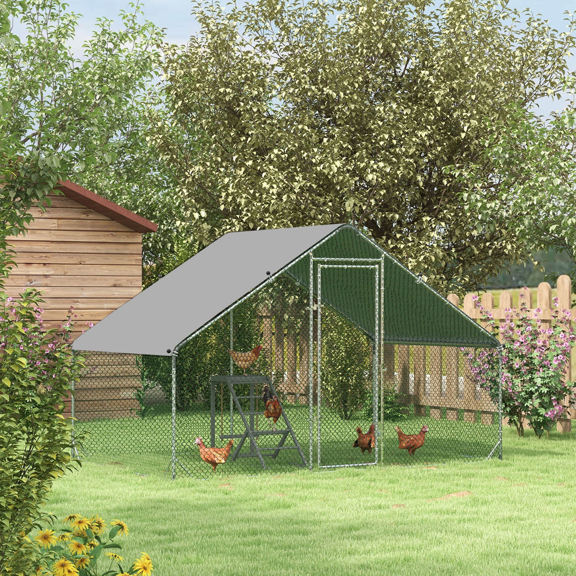 PawHut Chicken Run Galvanised Walk-in Chicken Coop Hen Poultry House Cage Rabbit Hutch Pet Playpen Garden w/ Water-Resist Cover, 3 x 2 x 2m - North Peak Garden Furniture