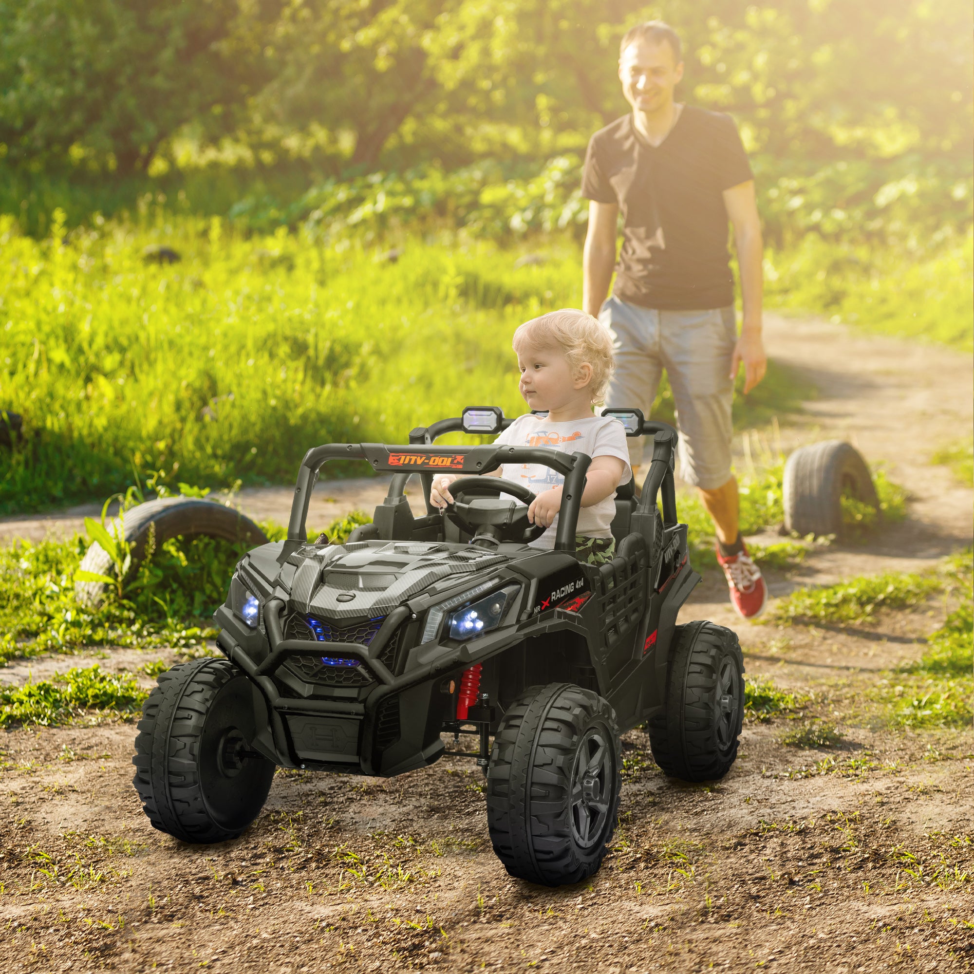 AIYAPLAY 24V 2 Seater Kids Electric Car with Remote Control, Suspension System, Slow Start, 3 Speeds, for 3-8 Years, Black - North Peak Garden Furniture