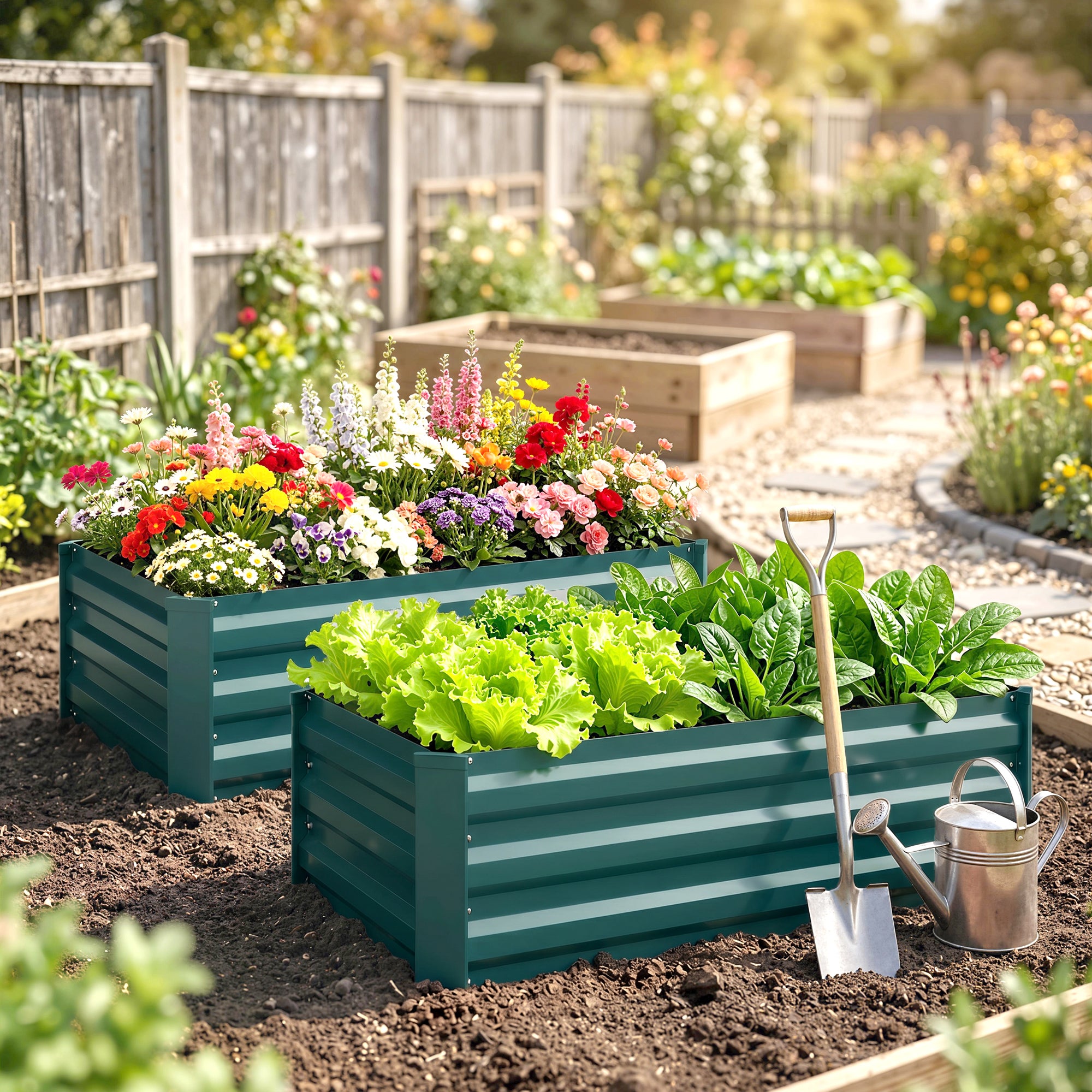 Outsunny Set of Two 60 x 100cm Galvanised Steel Planters, Green
