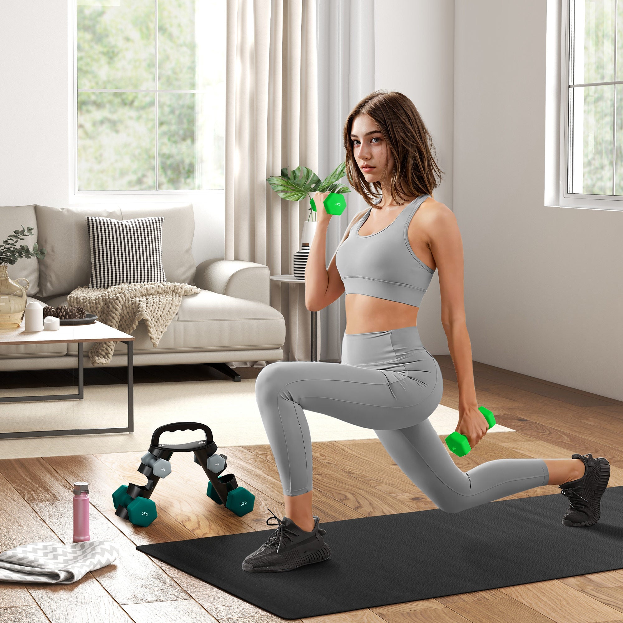 SPORTNOW Dumbbells Set with Carry Storage Rack, Set of 6 Weights for Home Gym Kettlebell Training Weight Lifting Exercise, 2 x 1kg, 2 x 3kg, 2 x 5kg - North Peak Garden Furniture
