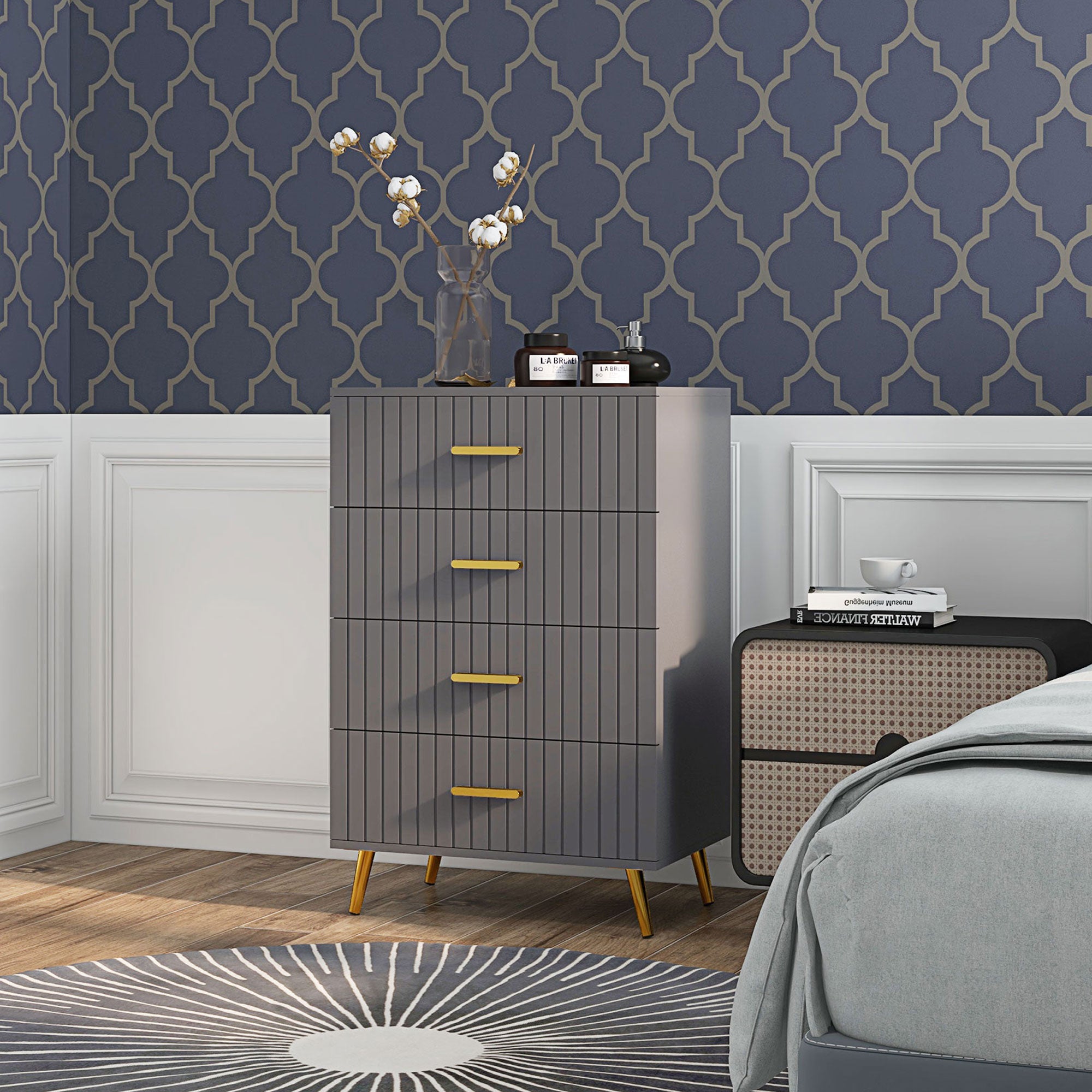 HOMCOM Four Drawer Embossed Line Dresser - Grey/Gold Tone - North Peak Garden Furniture