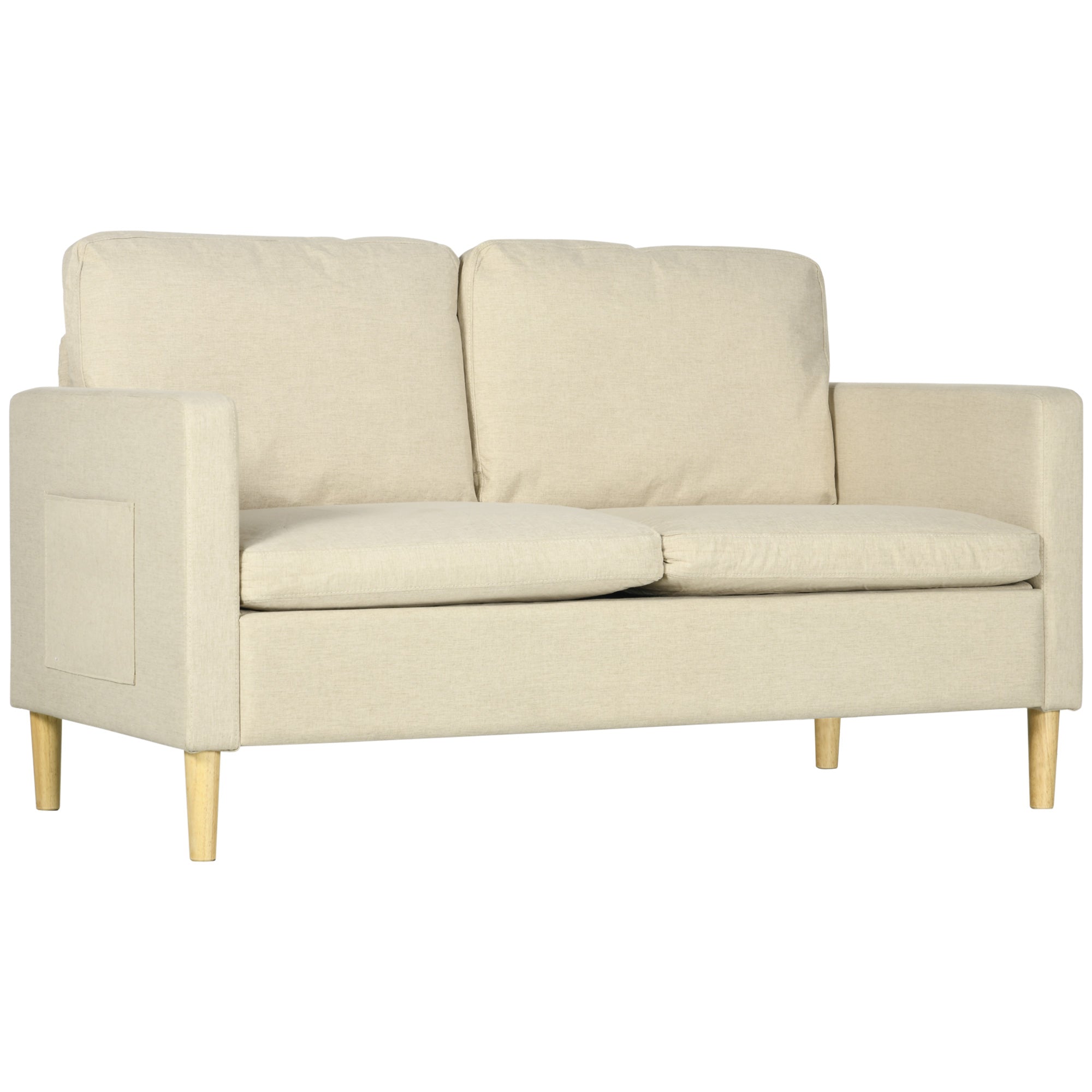 HOMCOM Two Seater Sofa for Living Room, Modern Fabric Couch with Wood Legs and 2 Pockets for Bedroom and Home Office, Beige