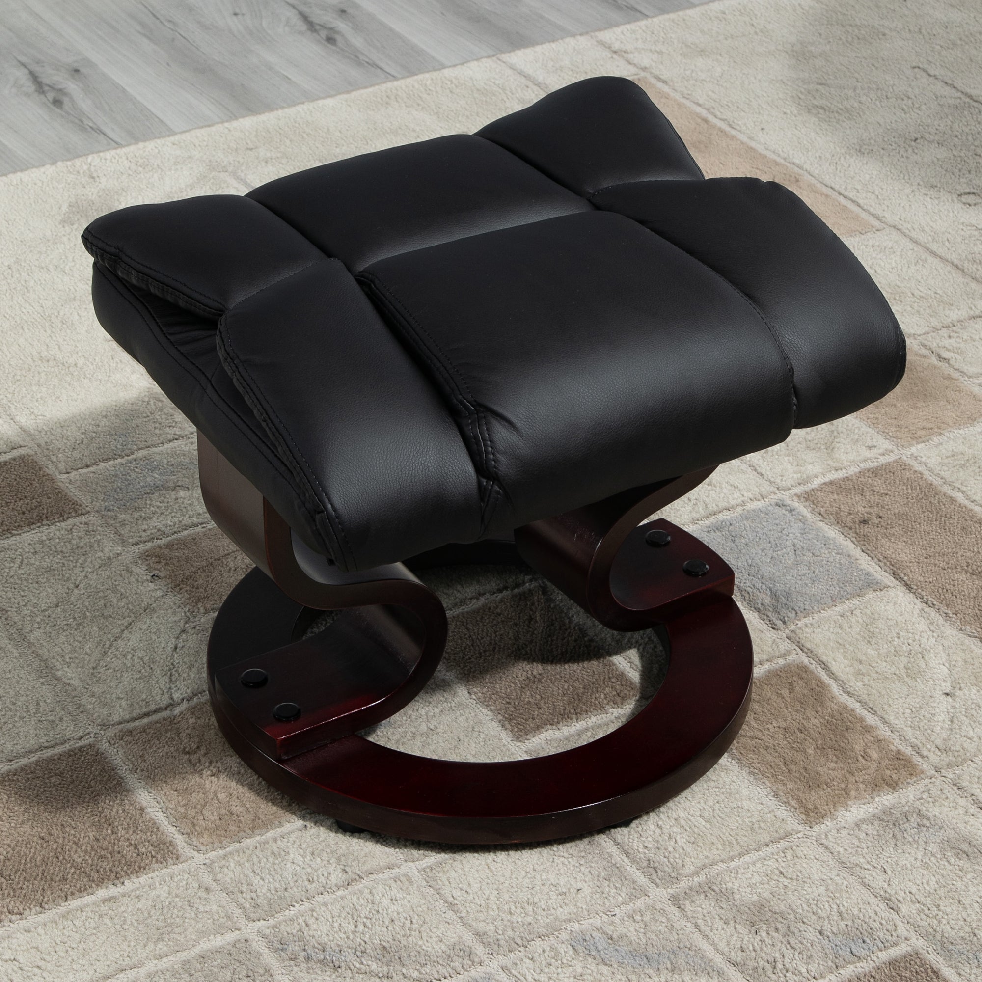 HOMCOM Faux Leather Recliner Chair and Footstool, Swivel Upholstered Armchair and Footstool with Adjustable Backrest, Solid Wood Base for Living Room, Black - North Peak Garden Furniture