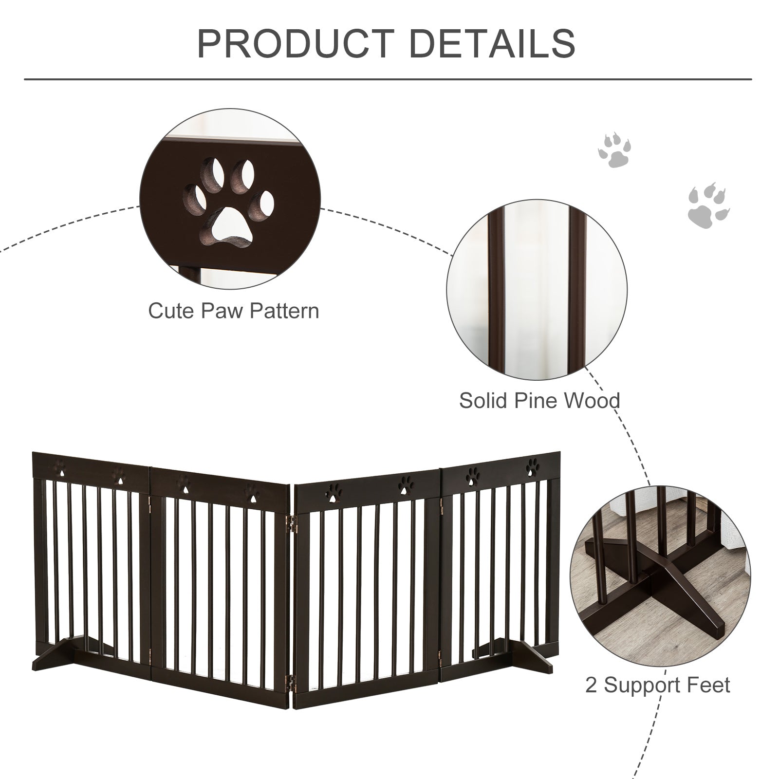PawHut Freestanding Pet Gate 4 Panel Wooden Dog Barrier Folding Safety Fence with Support Feet up to 204cm Long 61cm Tall for Doorway Stairs Brown - North Peak Garden Furniture