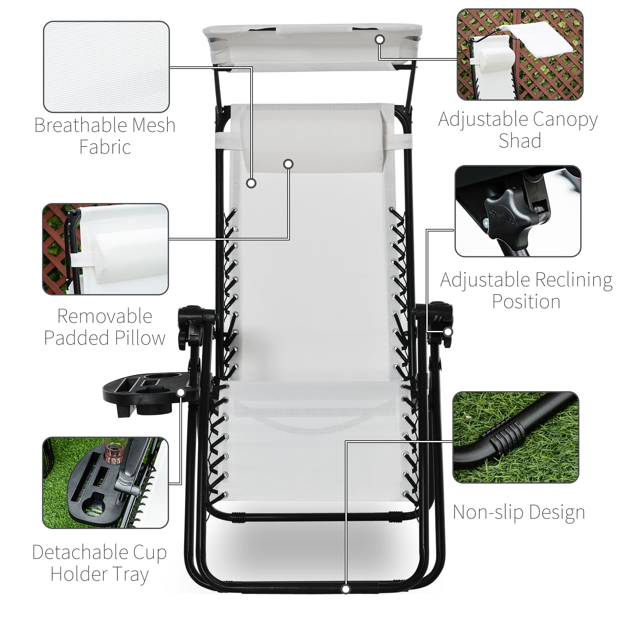 Outsunny Zero Gravity Garden Folding Patio Sun Lounger w/Cup Holder & Canopy Shade White - North Peak Garden Furniture