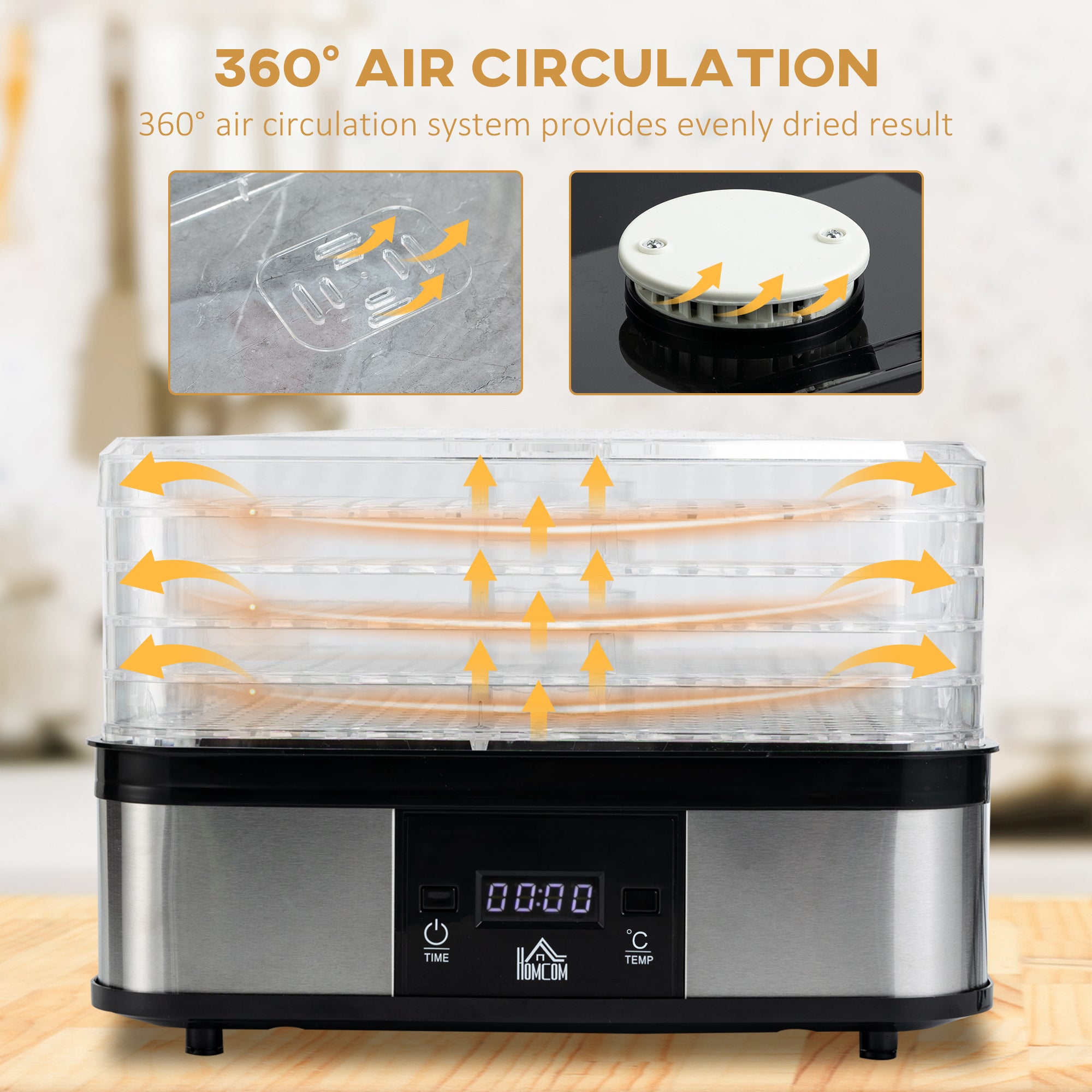 HOMCOM 5 Tier Food Dehydrator, 245W Stainless Steel Food Dryer Machine with Adjustable Temperature, Timer and LCD Display for Drying Fruit, Meat, Vegetable, Jerky and Pet Treat, Black - North Peak Garden Furniture