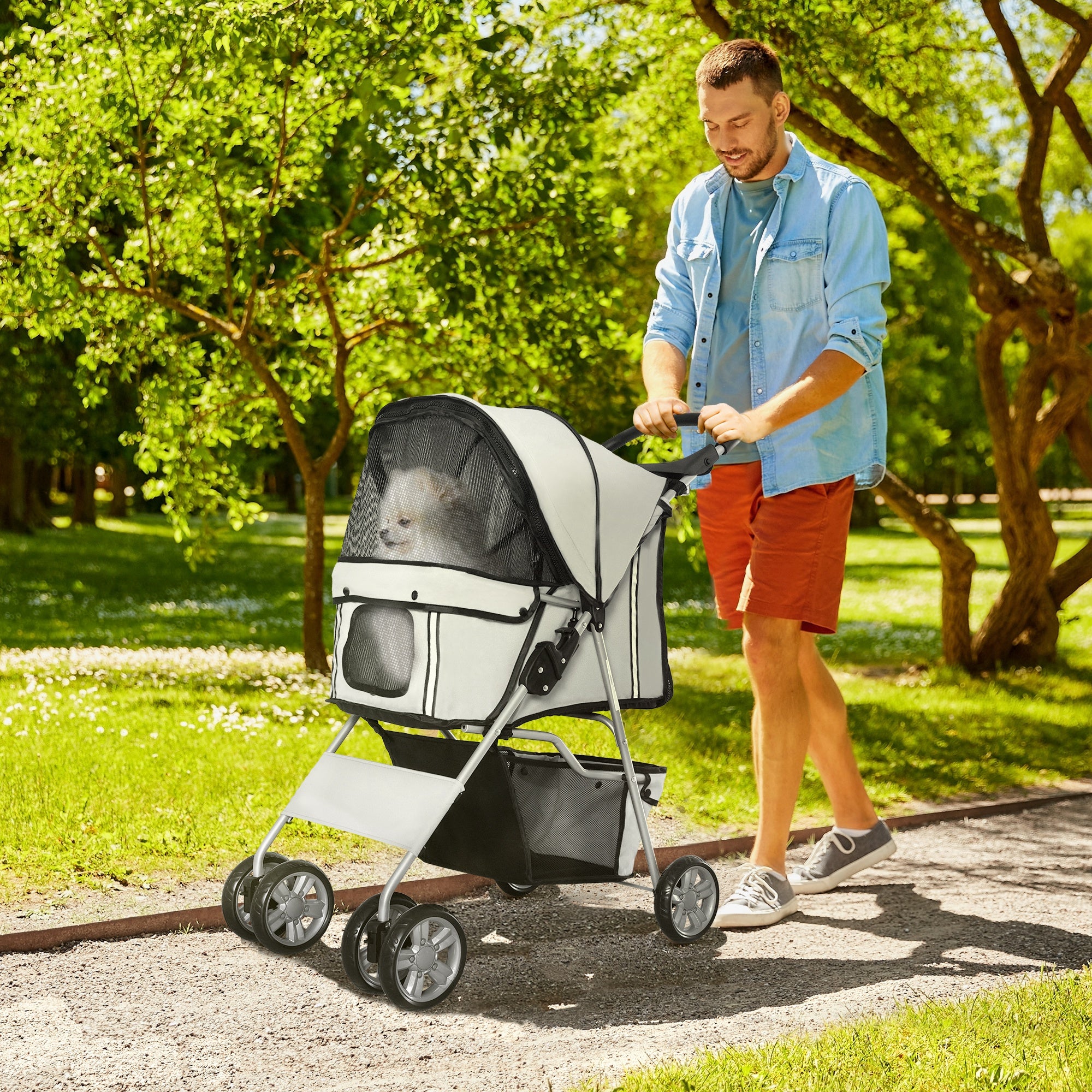 PawHut Pet Stroller for Small Miniature Dogs Cats Foldable Travel Carriage with Wheels Zipper Entry Cup Holder Storage Basket Grey - North Peak Garden Furniture