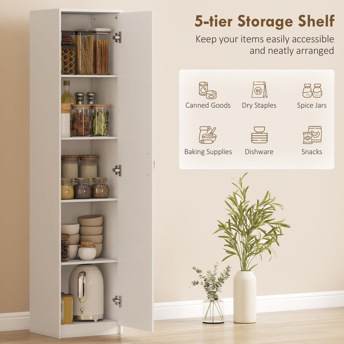 HOMCOM 180cm Tall Kitchen Cupboard, Freestanding 5-Tier Pantry Storage Cabinet with Adjustable Shelf, White