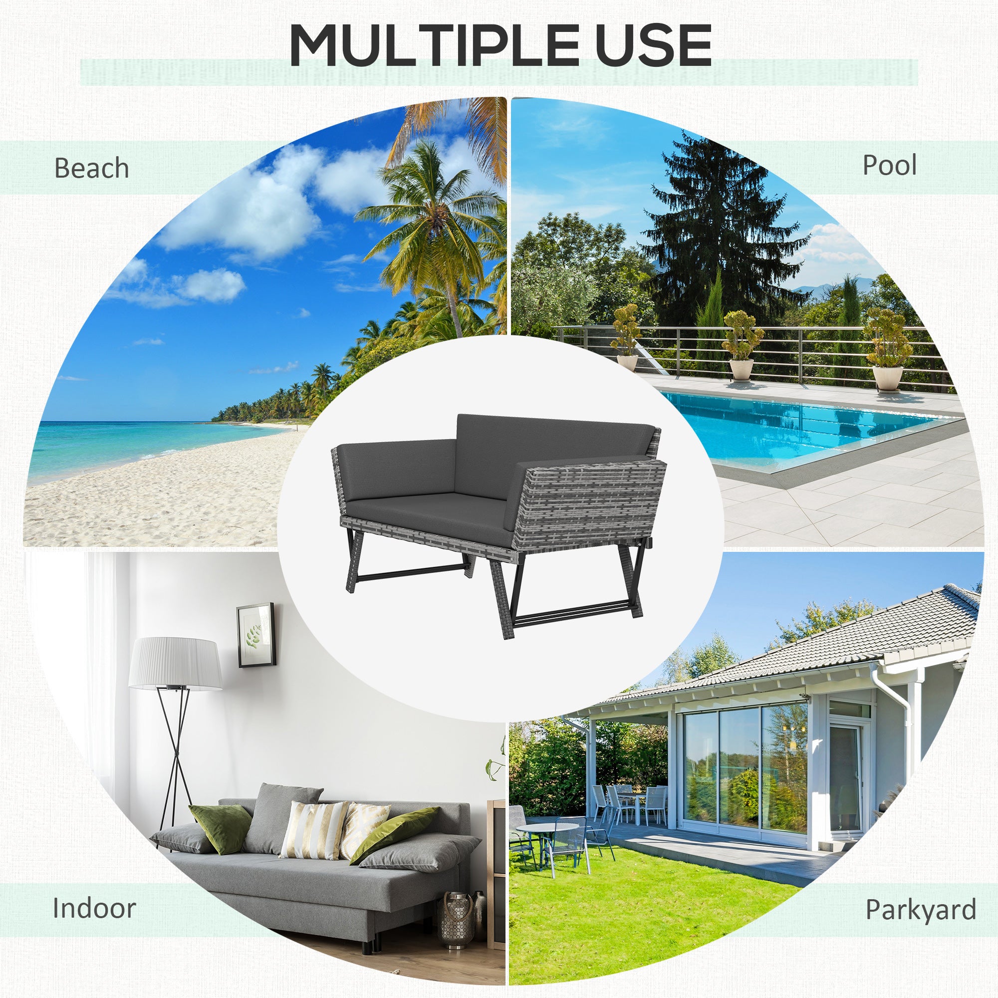 Outsunny 2 Seater Rattan Sofa with Cushions, 2-in-1 PE Rattan Daybed Sofa with Left Up or Down Armrests, Garden Chaise Lounger Loveseat for Outdoor, Patio, Mixed Grey - North Peak Garden Furniture