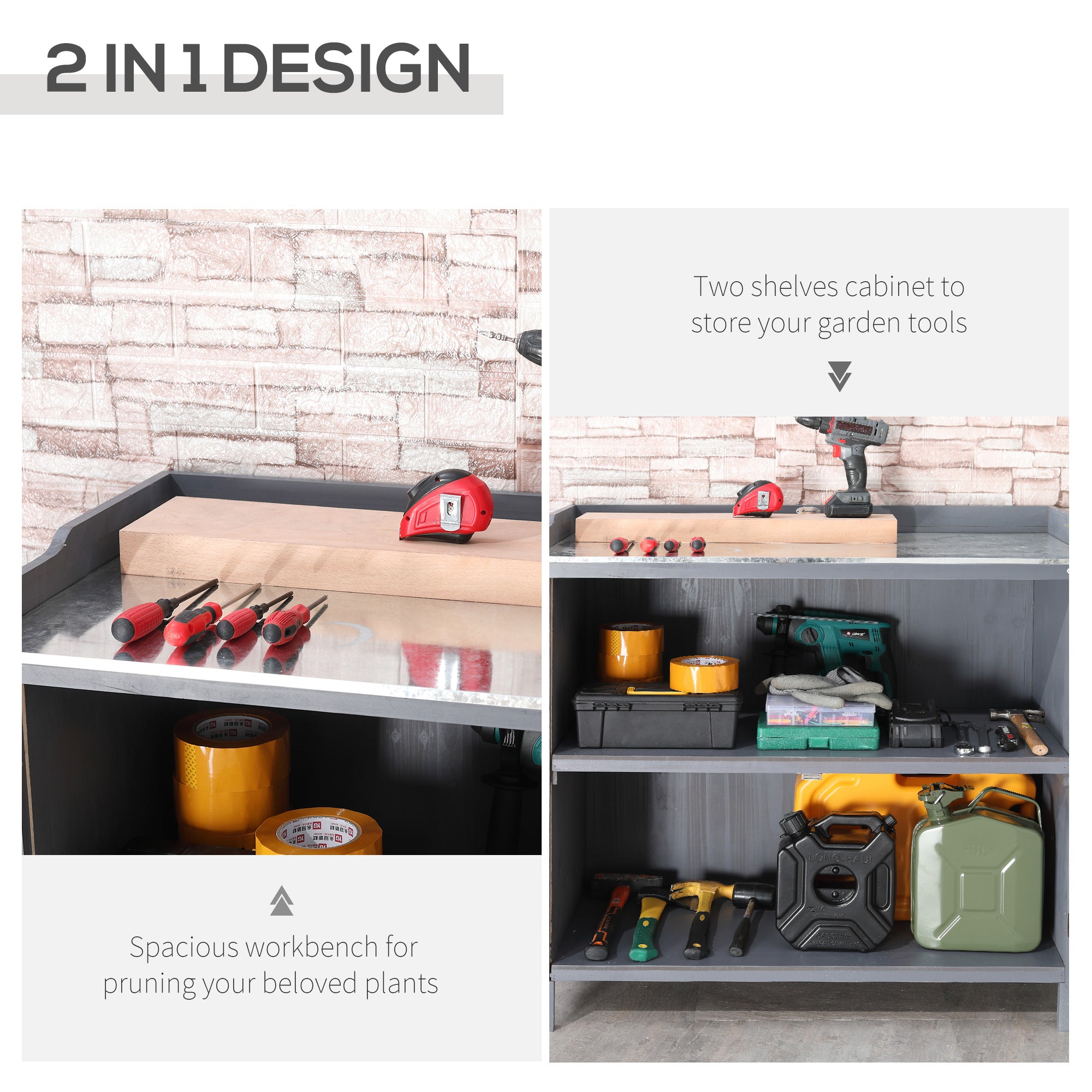 Outsunny Garden Storage Cabinet, Outdoor Tool Shed, Potting Bench Table with Galvanized Top and Two Shelves for Yard Tools or Pool Accessories, Grey - North Peak Garden Furniture