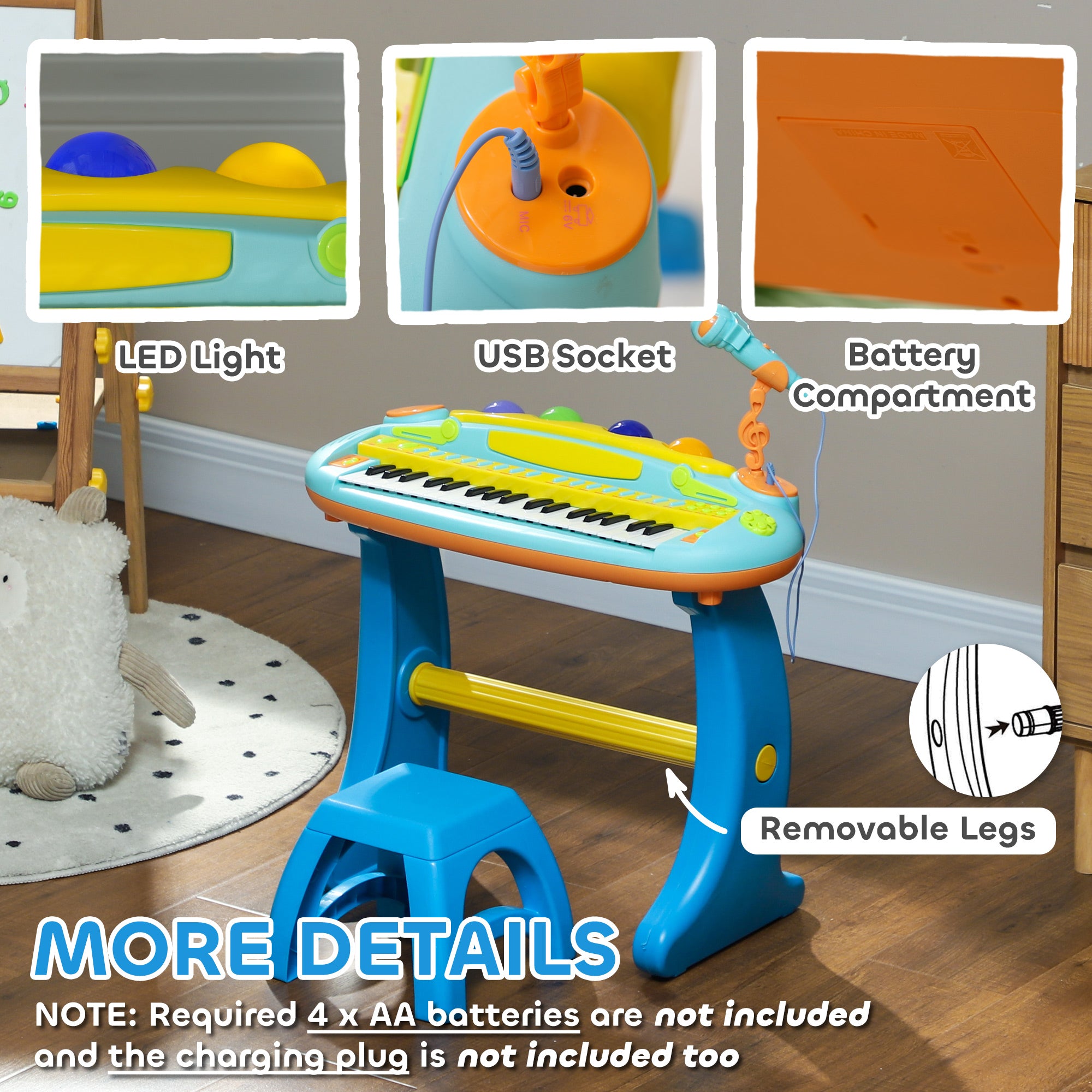 AIYAPLAY 37 Keys Kids Piano w/ Microphone, Stool, LED Lights, Record & Replay Function, Blue - North Peak Garden Furniture