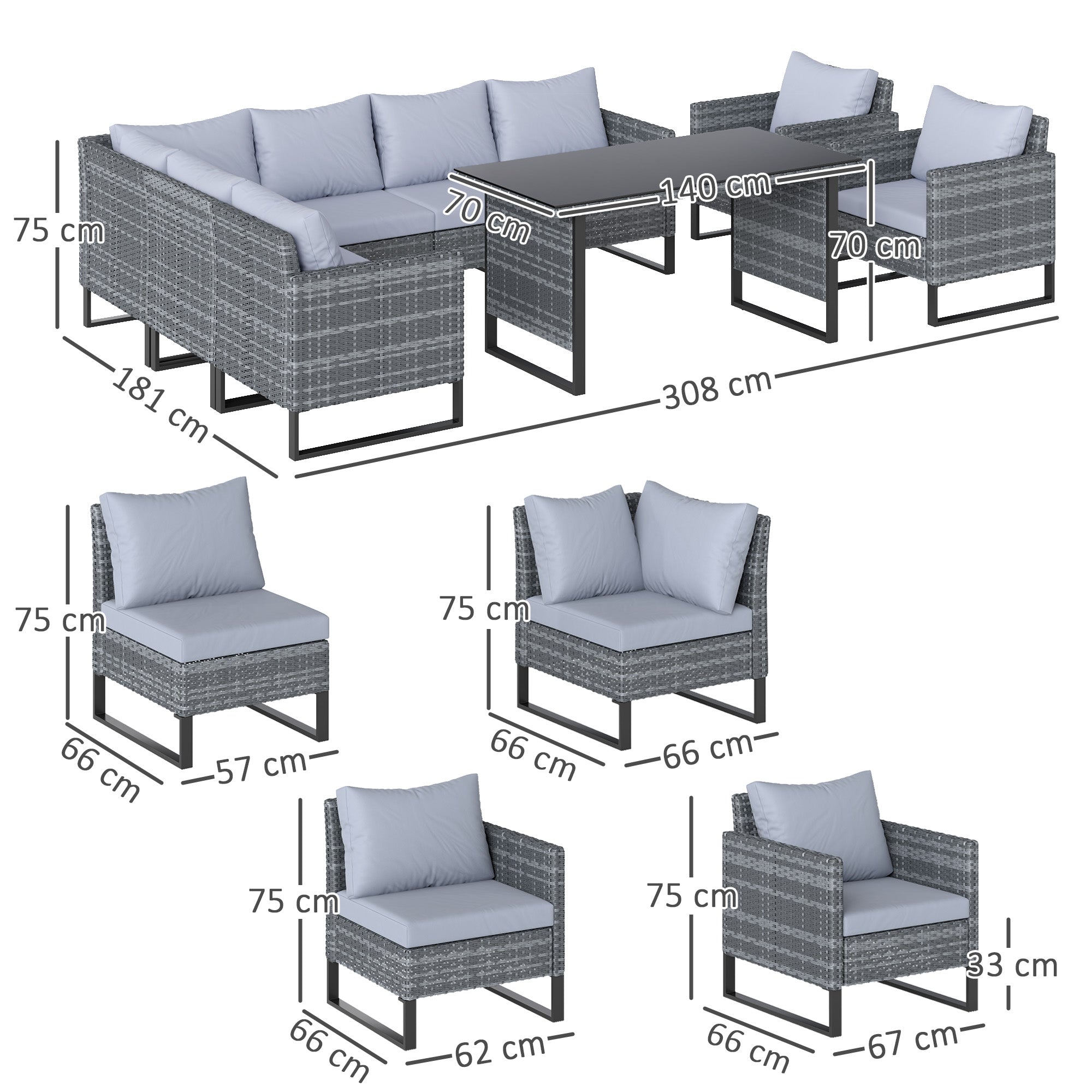 Outsunny 9 Piece Rattan Garden Furniture Set, 8 Seater Garden Corner Sofa with Cushions and Glass Top Table, Sectional Outdoor Furniture Conservatory Set for Patio, Light Grey - North Peak Garden Furniture