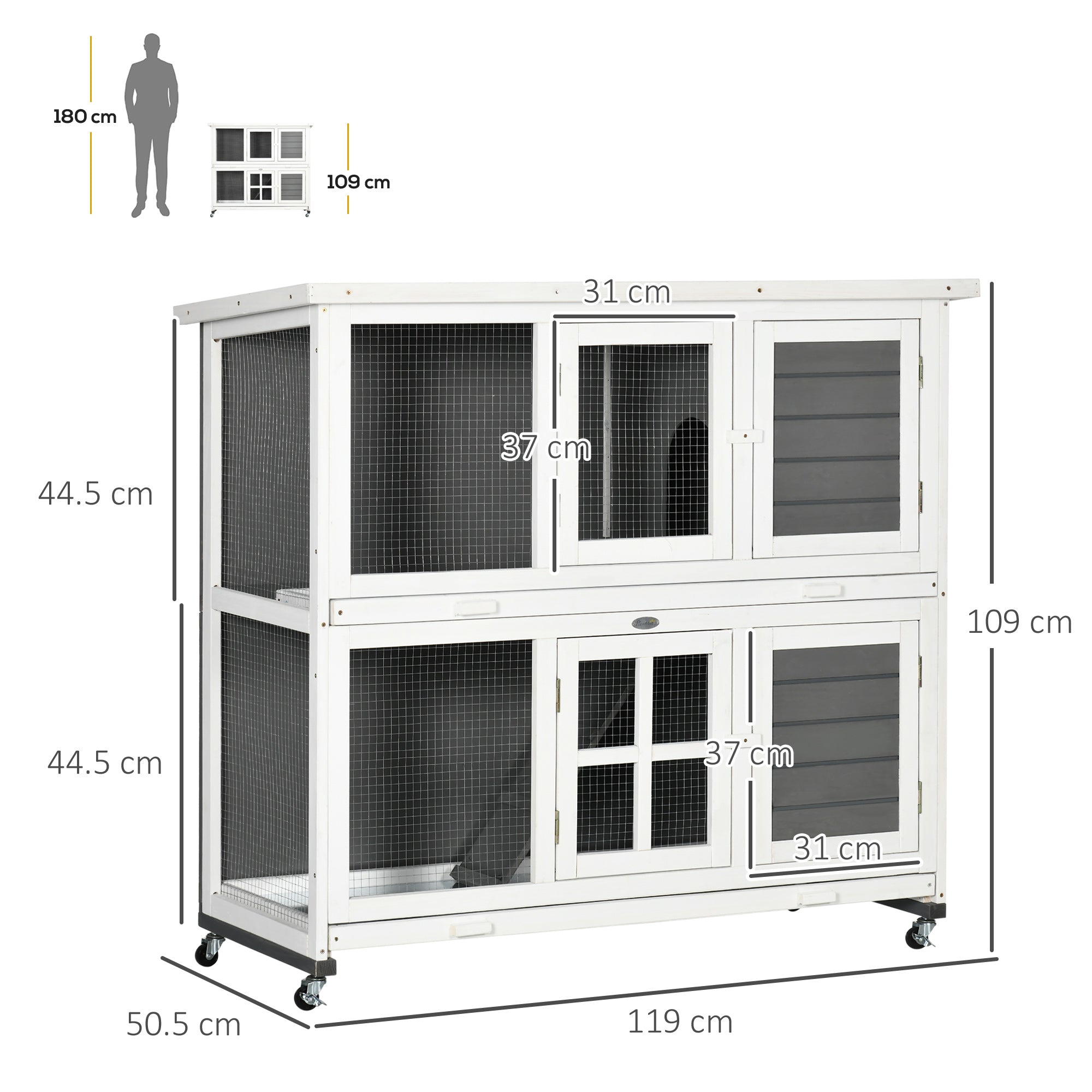 PawHut Wooden Rabbit Hutch, Two-Tier Guinea Pig Cage, with Removable Tray, Wheels - North Peak Garden Furniture