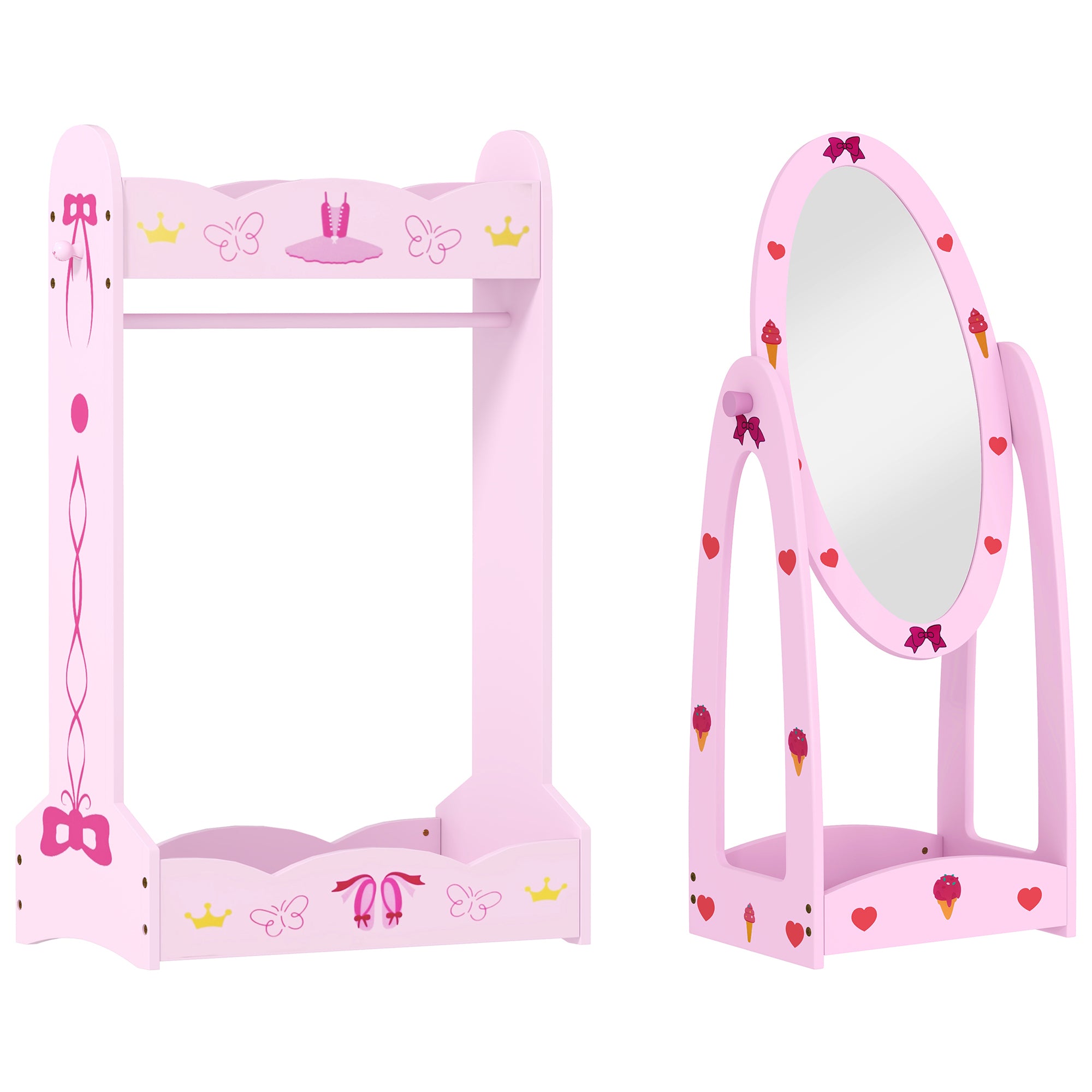 AIYAPLAY Kids Clothes Rail, Kids Dressing Mirror with 360° Rotating, 2 Piece Kids Furniture Set with Storage Shelves, Pink