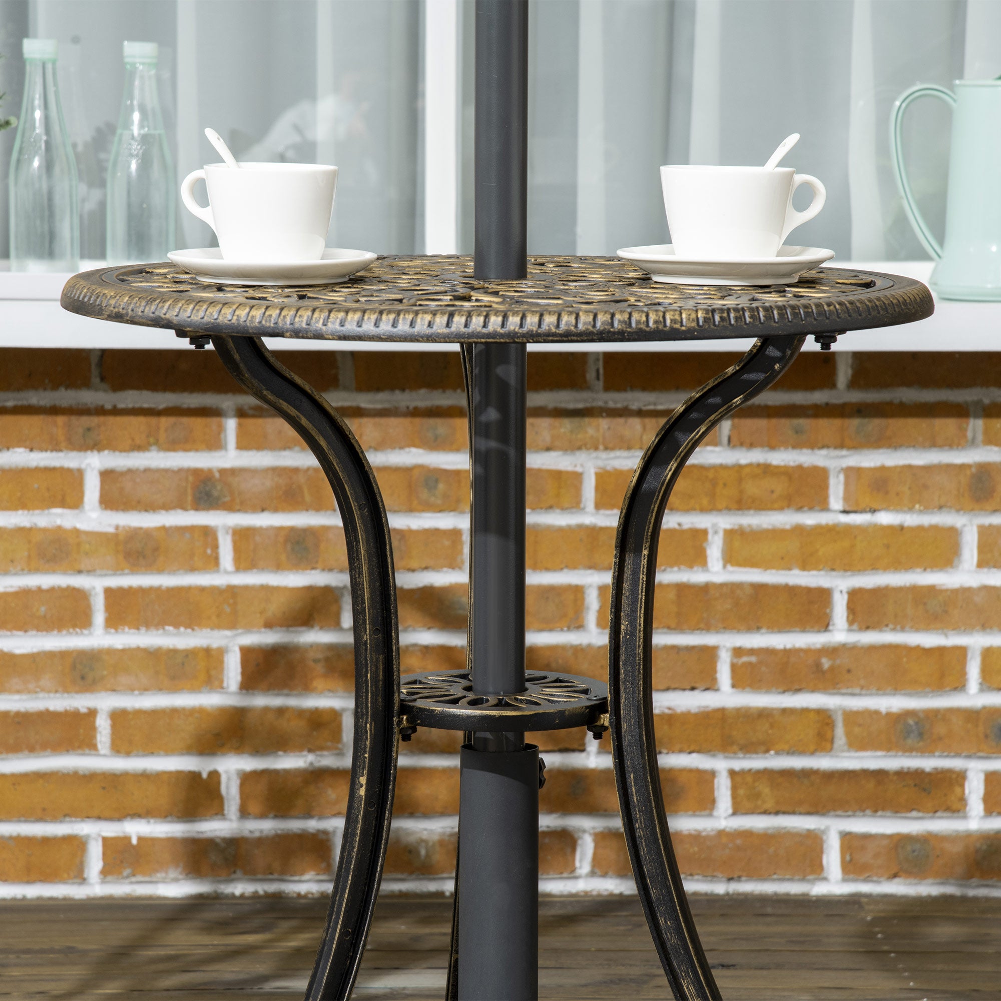 Outsunny 3 Piece Cast Aluminium Garden Bistro Set for 3 with Parasol Hole, Outdoor Coffee Table Set, Two Armless Chairs and Round Coffee Table for Balcony, Patio, Bronze - North Peak Garden Furniture