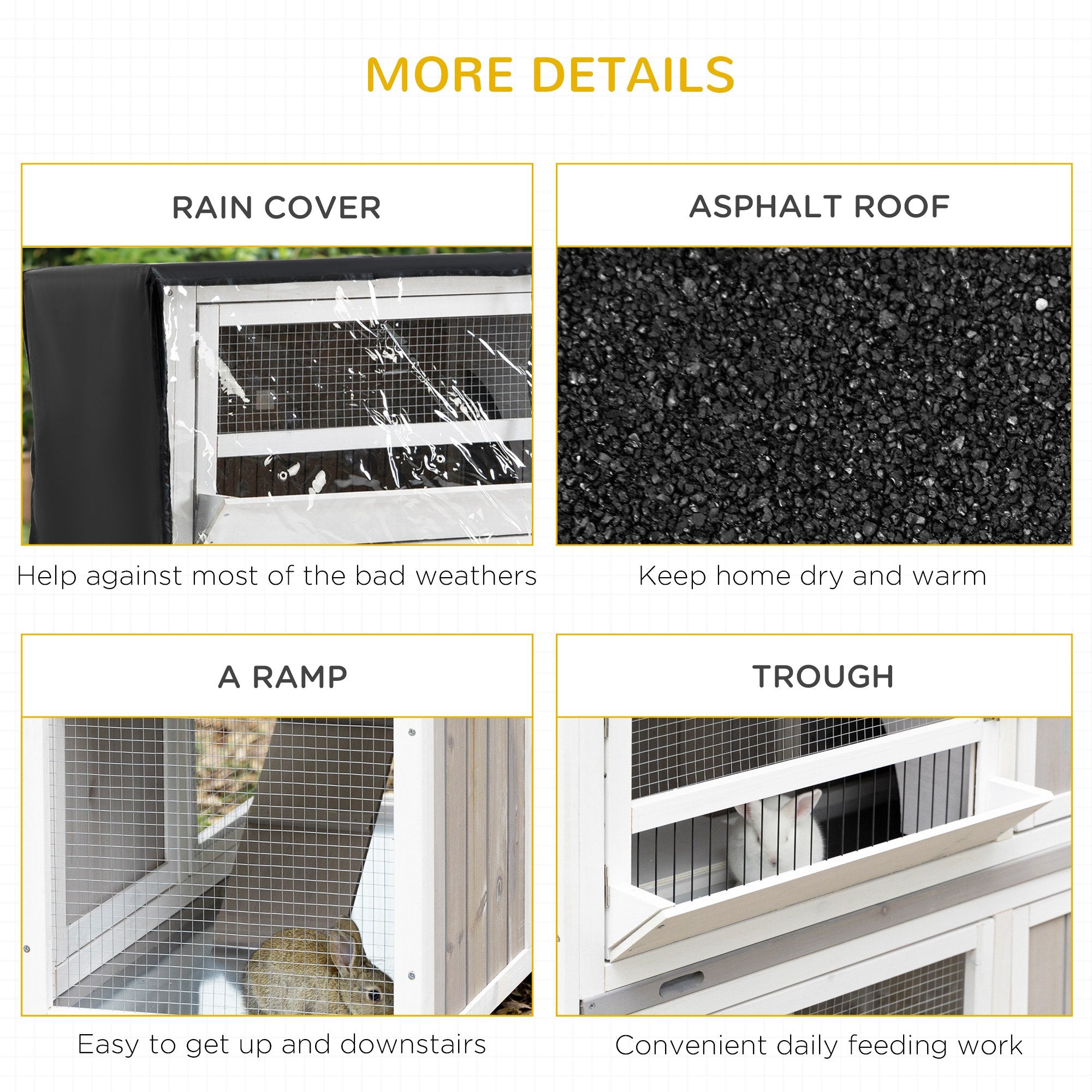 PawHut Rabbit Hutch Outdoor Guinea Pig Hutch Wooden Bunny House with Rain Cover Wheels for Indoor Outdoor, 122 x50 x100cm - Grey - North Peak Garden Furniture