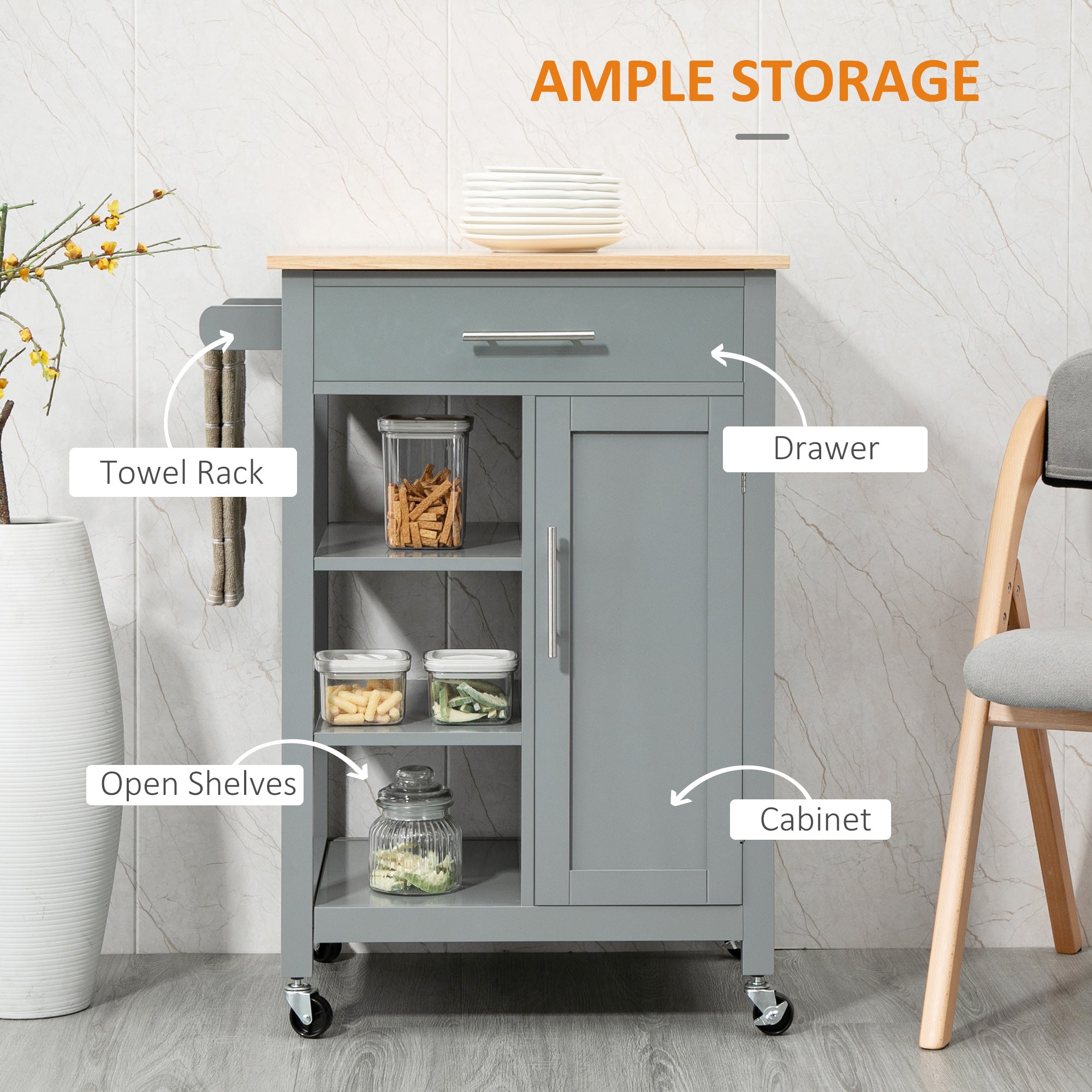 HOMCOM Compact Kitchen Trolley Utility Cart on Wheels with Open Shelf & Storage Drawer for Dining Room, Kitchen, Grey - North Peak Garden Furniture