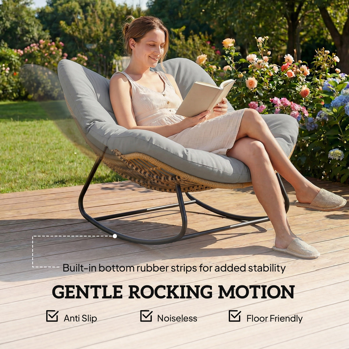 Outsunny Indoor Outdoor Rocking Chair, Oversized Rocking Egg Chair with Cushion for Living Room, Garden, Patio, Light Grey