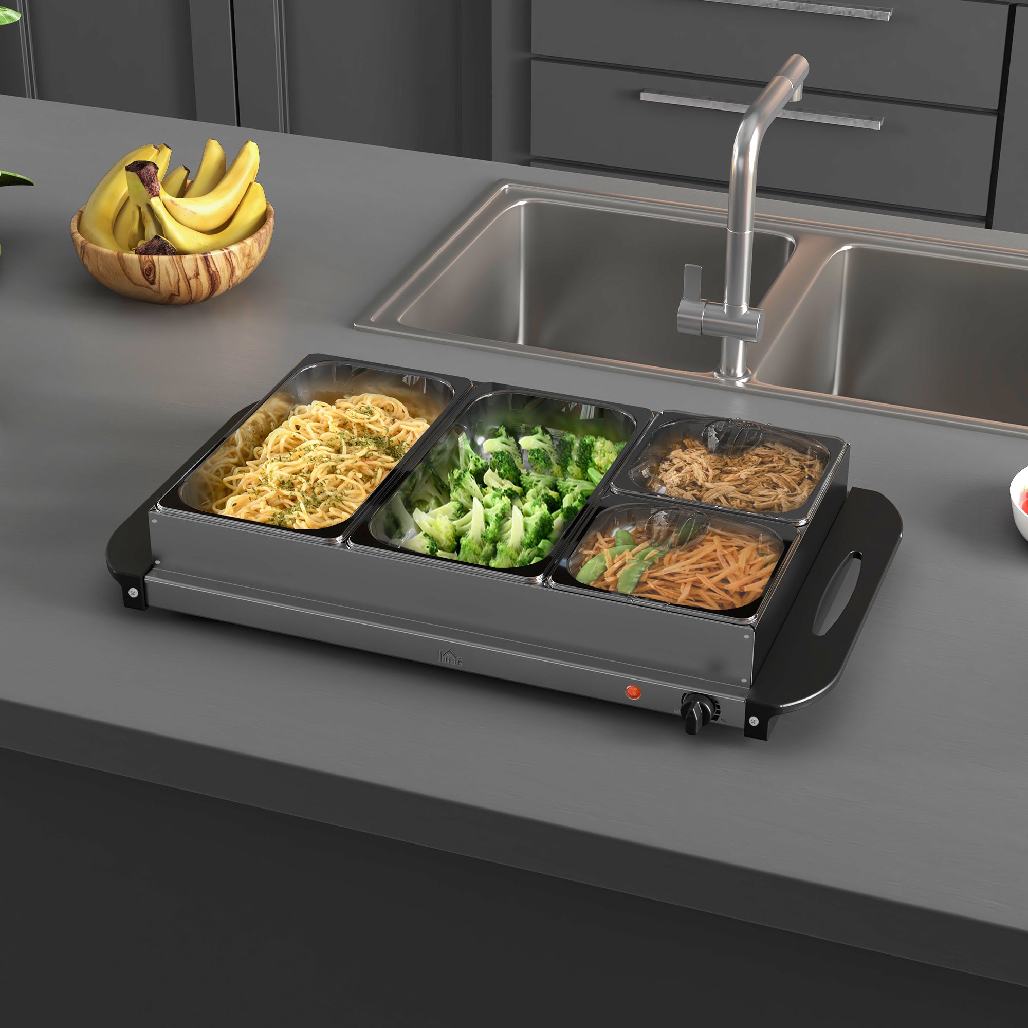 HOMCOM 4 Tray Electric Food Warmer Buffet Server with Warming Plate, Cool Touch Handles, Adjustable Temperature, 300W, 2 x 2.4L and 2 x 1L Pans - North Peak Garden Furniture