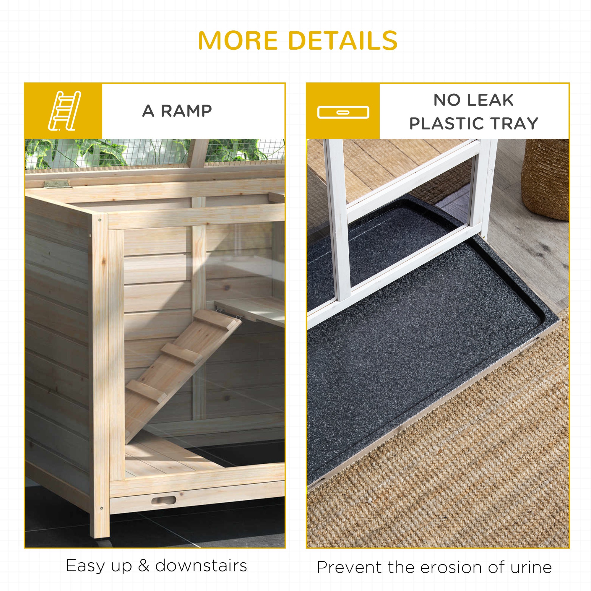 PawHut Rabbit Hutch Indoor Wooden Guinea Pig House Hamster Cage with Wheels, 2 Layers Bunny Cage with Openable Roof, 91.5 x 53.3 x 73 cm, Natural - North Peak Garden Furniture