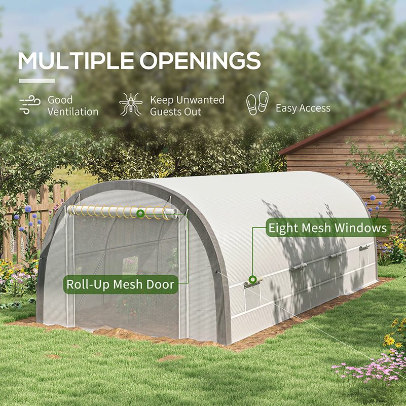 Outsunny 6 x 3(m) Polytunnel Greenhouse with Upgraded Structure, Mesh Door and Windows, 15 Plant Labels, White