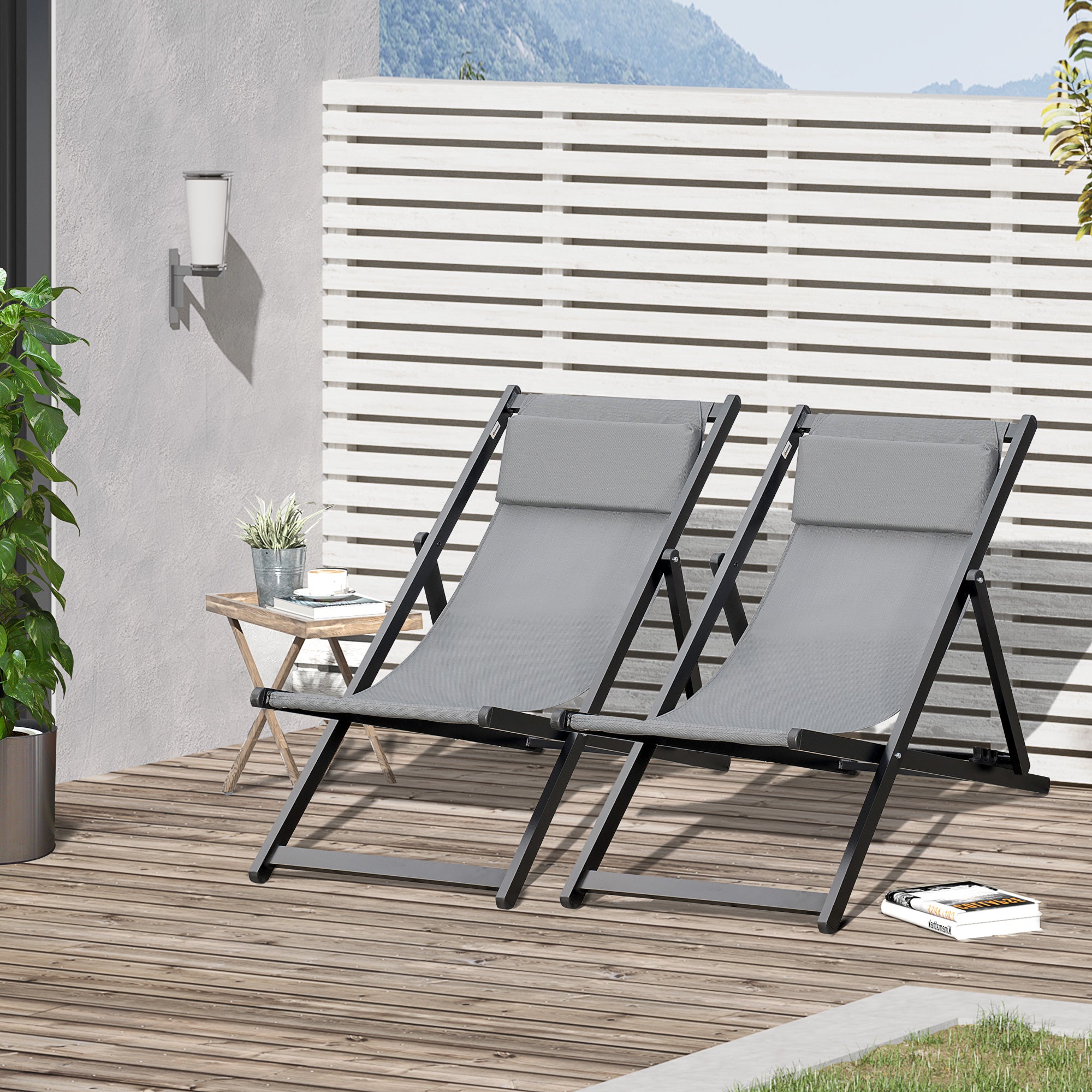 Outsunny Set of 2 Folding Garden Beach Aluminium Frame Deck Chairs Deckchairs Seaside Folding Garden Patio Lounger, Grey - North Peak Garden Furniture