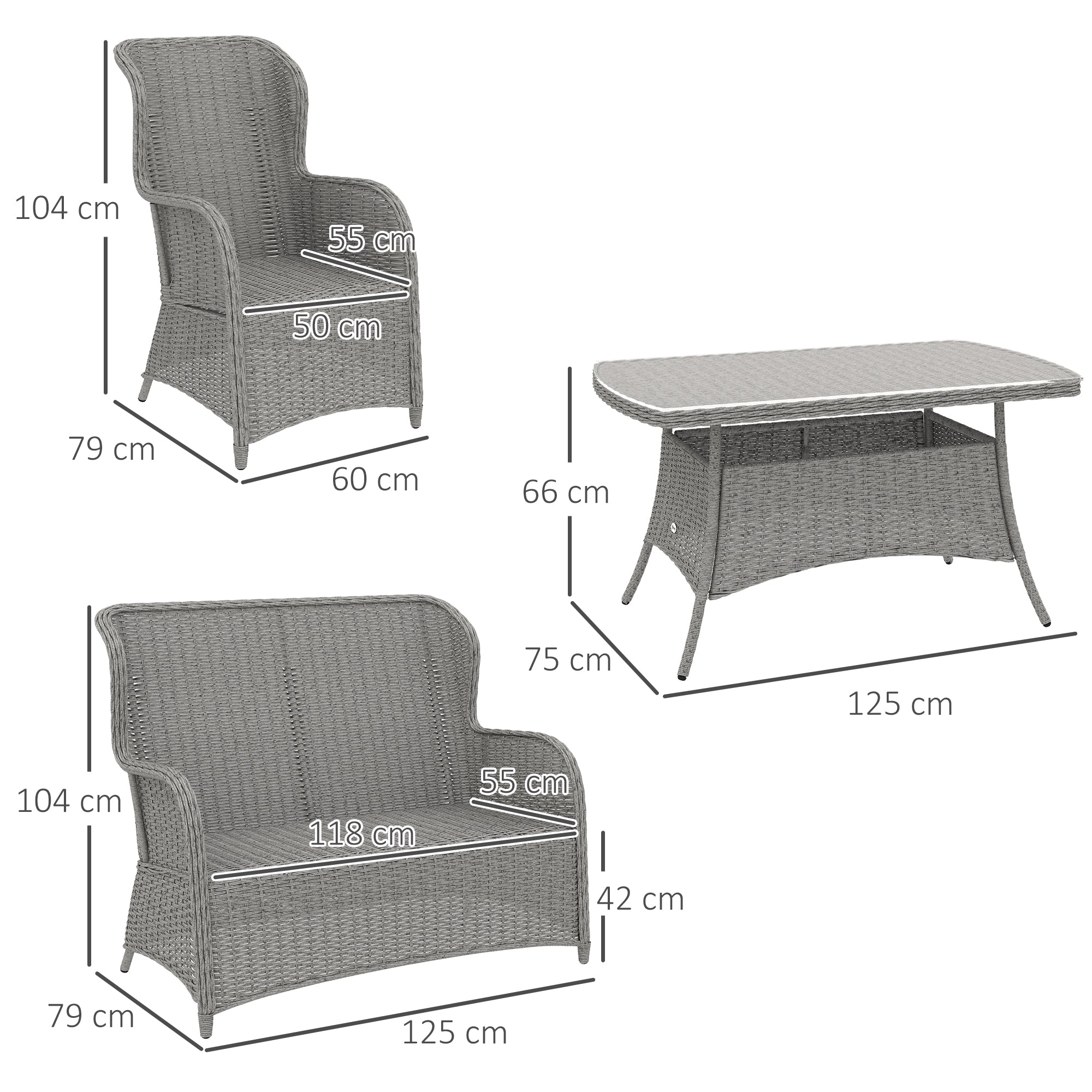 Outsunny Garden PE Rattan Dining Sofa Set, Outdoor 4 Seater Wicker Furniture, High Back Chairs with Cushions, Tempered Glass Coffee Table for Patio, Light Grey - North Peak Garden Furniture