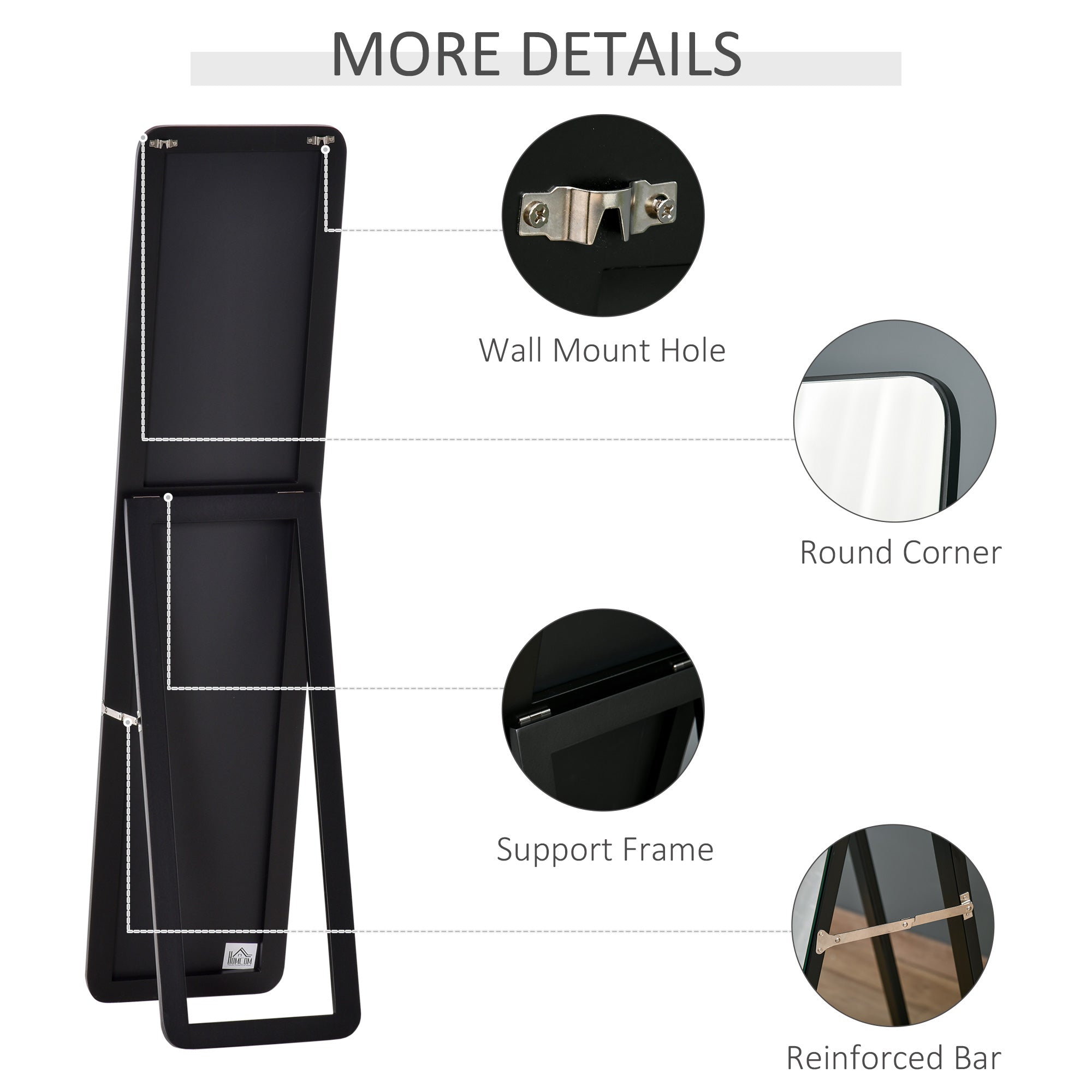 HOMCOM Full Length Mirror, Free Standing or Wall Hanging, Tall Full Body Mirror for Bedroom, Hallway, Black - North Peak Garden Furniture