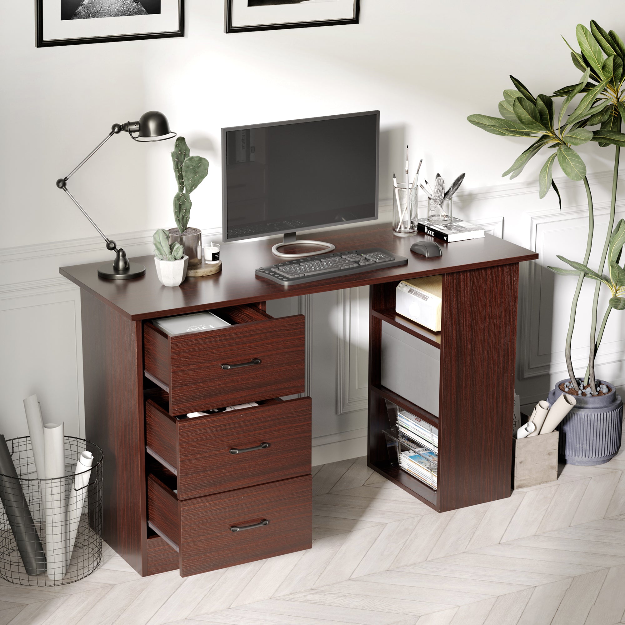 HOMCOM Computer Desk, Writing Table, PC Workstation with 3 Storage Shelves and Drawers, Black Handle, for Home Office, Walnut Brown - North Peak Garden Furniture