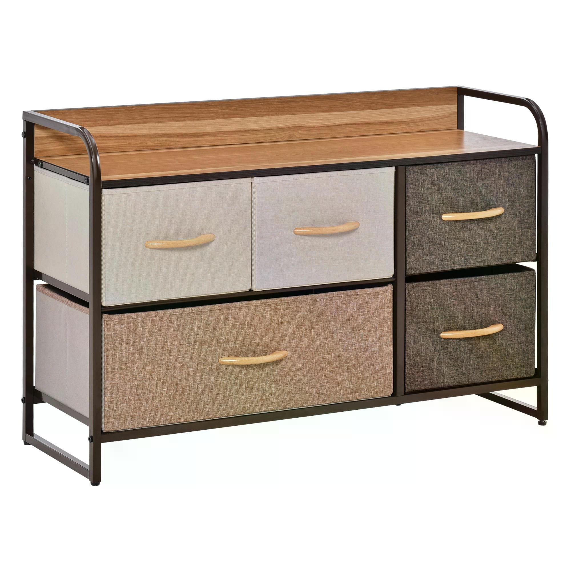 HOMCOM 5-Drawer Dresser, Linen Fabric Chest of Drawers, Dresser Tower Unit for Bedroom Hallway Entryway, Storage Organizer with Steel Frame Wooden Top