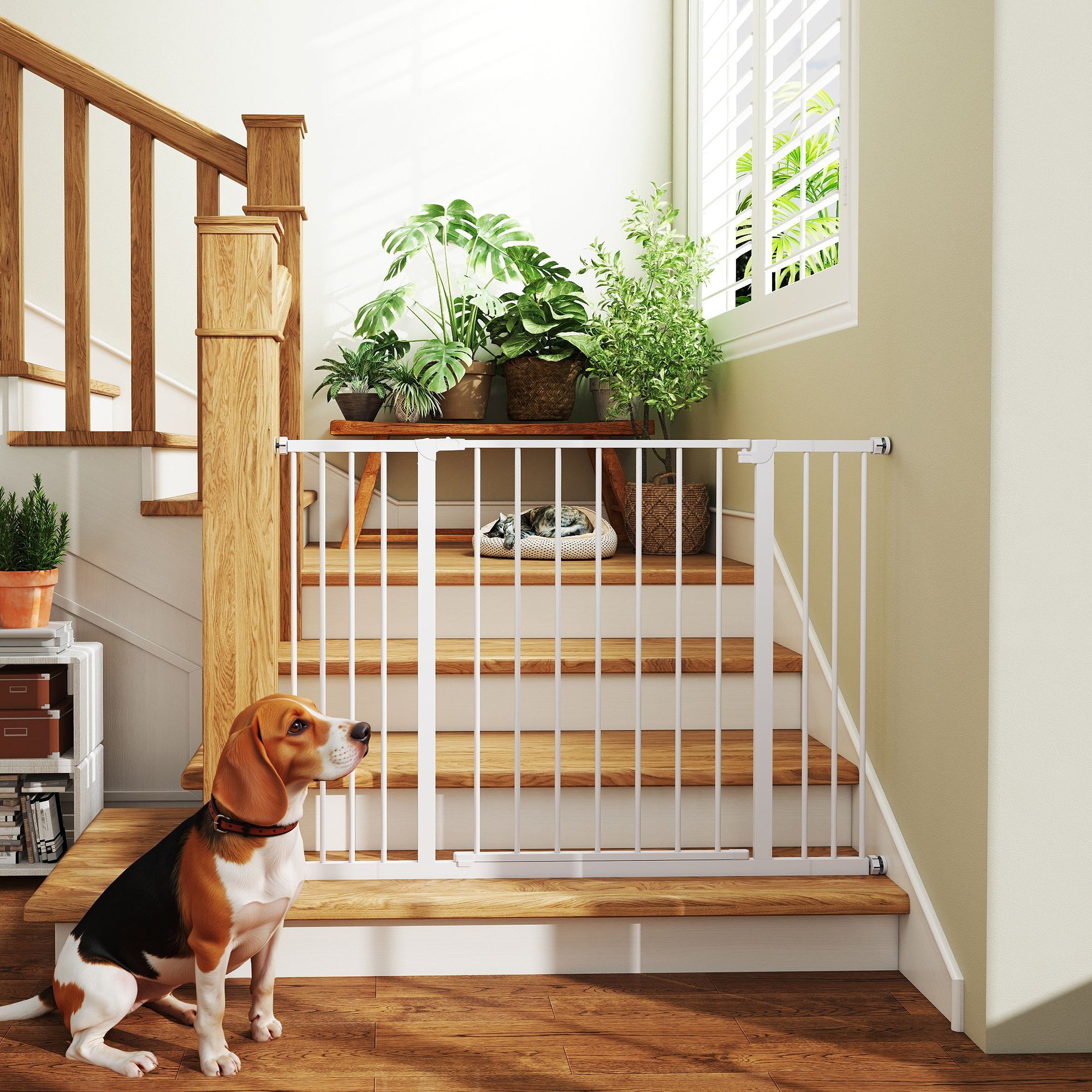 PawHut Dog Gate Pet Safety Gate Stair Barrier Pressure Fit Adjustable 76-82/86-97/101-107 cm, White - North Peak Garden Furniture