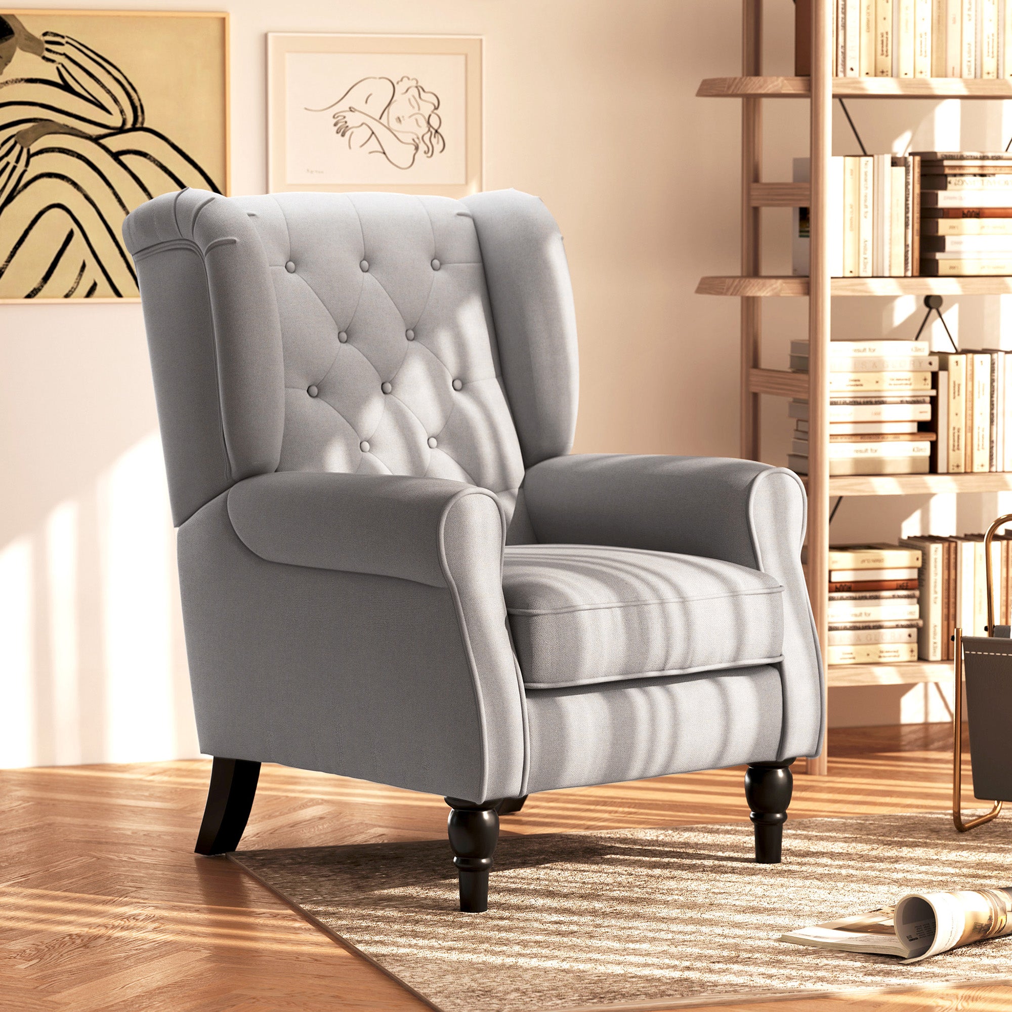 HOMCOM Retro Accent Chair, Wingback Armchair with Wood Frame Button Tufted Design for Living Room Bedroom, Grey - North Peak Garden Furniture