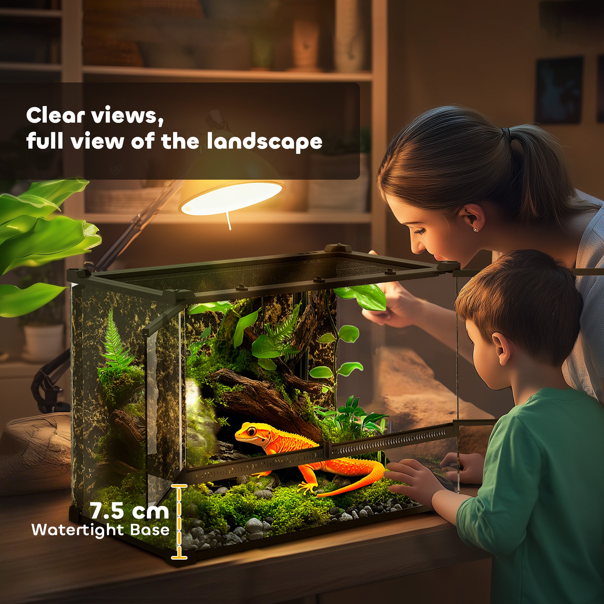 PawHut Reptile Glass Terrarium with Stone Background, Front Ventilation, Escape-Proof Knob Lock, 50 x 30 x 35 cm, Black